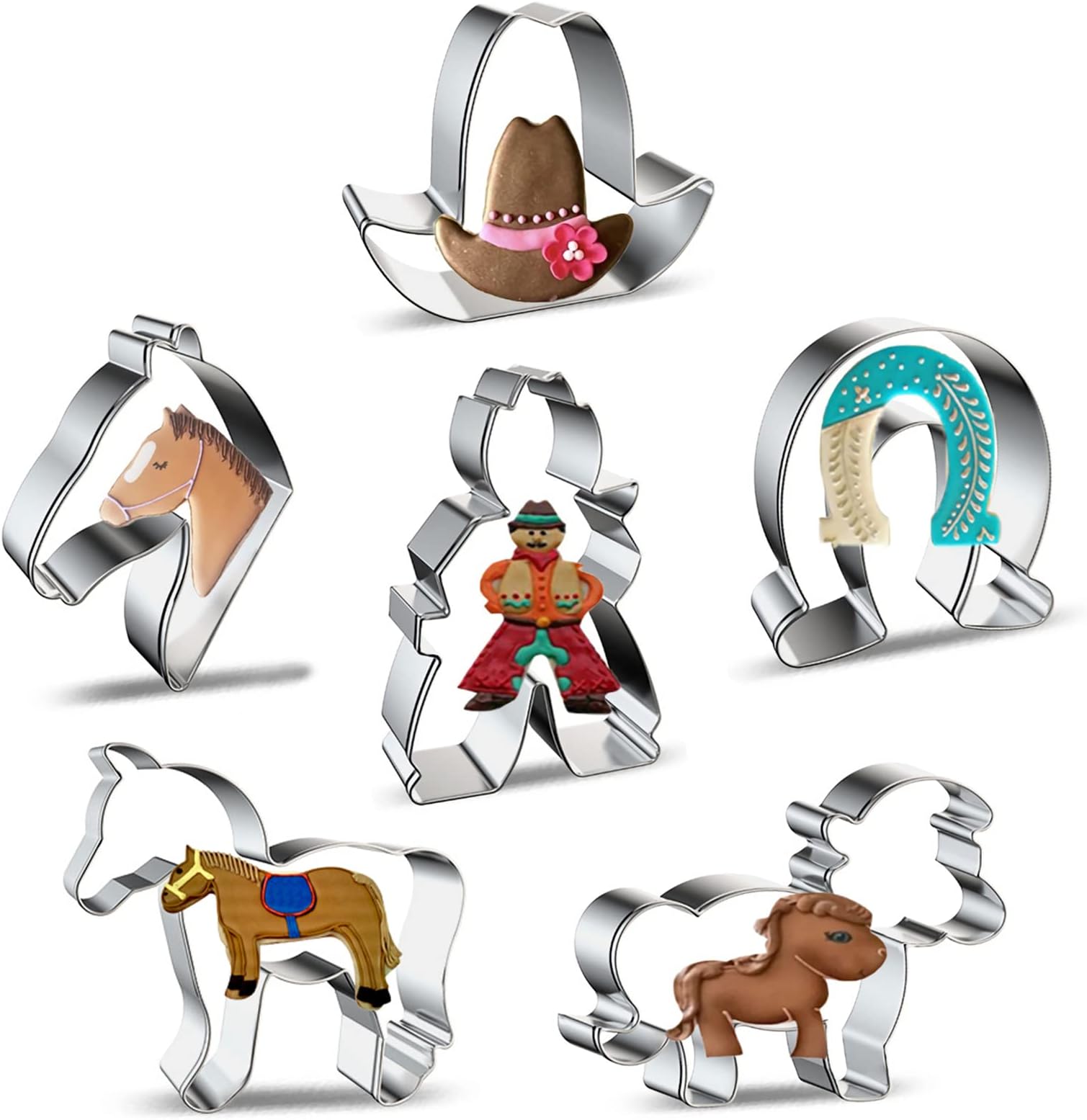 Horse Cowboy Cookie Cutters Shapes Baking Set, 6 Pieces Stainless Steel Metal Mold with Horse, Pony, Horse Head, Horseshoe, Cowboy, Cowboy Hat Cookie Cutter for Biscuit Pastry Fondant Gingerbread Cake