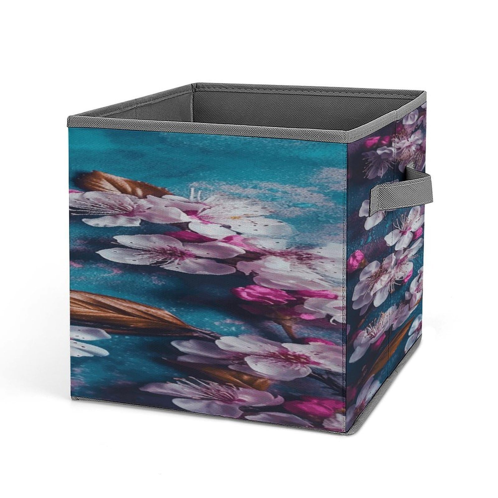 Fodpand Style Flowers On Blue Background Storage Cubes Foldable Decorative Fabric, Storage Bins Baskets With Handles, Closet Organizers And Storage For Home, Office,Closet, Clothes