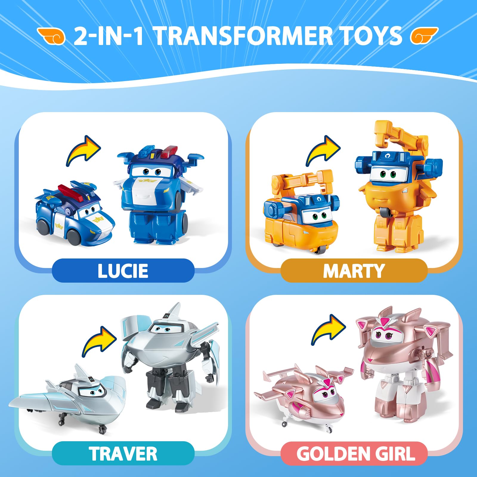 Super Wings Lucie & Marty - 2 Action Figure Trasformabili Robot-Aereo Per Bambini 3+