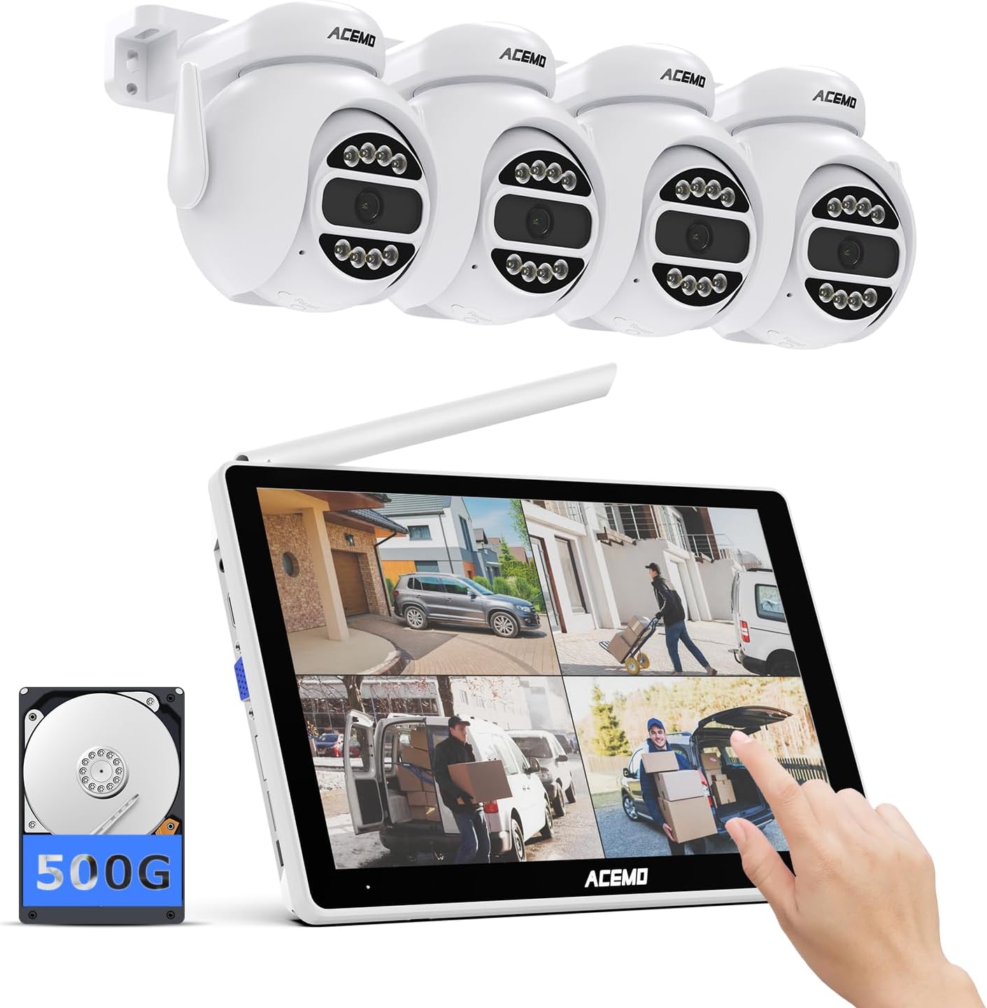 ?Touchscreen NVR?ACEMO 5MP Home Security Camera System, 10.1" Touchscreen Monitor 8CH WLAN NVR, 4X 5MP Outdoor PT Dome Camera,Wireless CCTV Surveillance Kits with Auto Tracking/2-Way Audio(500GB HDD) 4 Cams