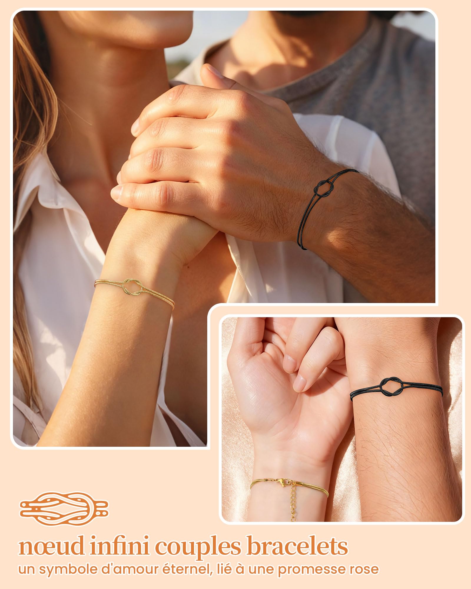 CheersLife 2 Pcs Bracelet Couple, Cadeau Mariage, Cadeau Couple Bracelet | Noeud pour Mr. & Mrs. Homme Femme et l'Amoureuse Cadeaux Femme Petite Amie Mari Cadeaux Saint Valentin Anniversaire