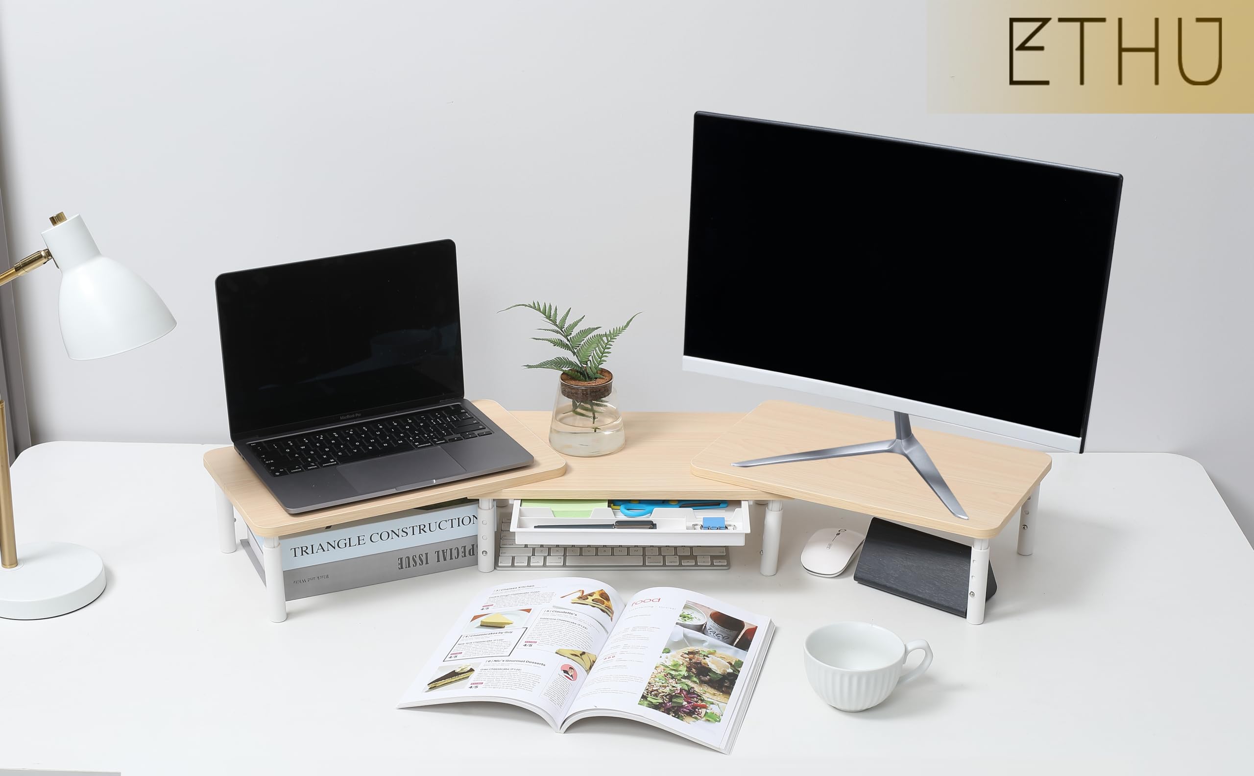 ETHU Supporto per Doppio Monitor Stand Riser e Smartphone, Lunghezza Regolabile e Angolo di Rotazione in Legno, Organizer da Tavolo, accessori da ufficio, regolabile in altezza