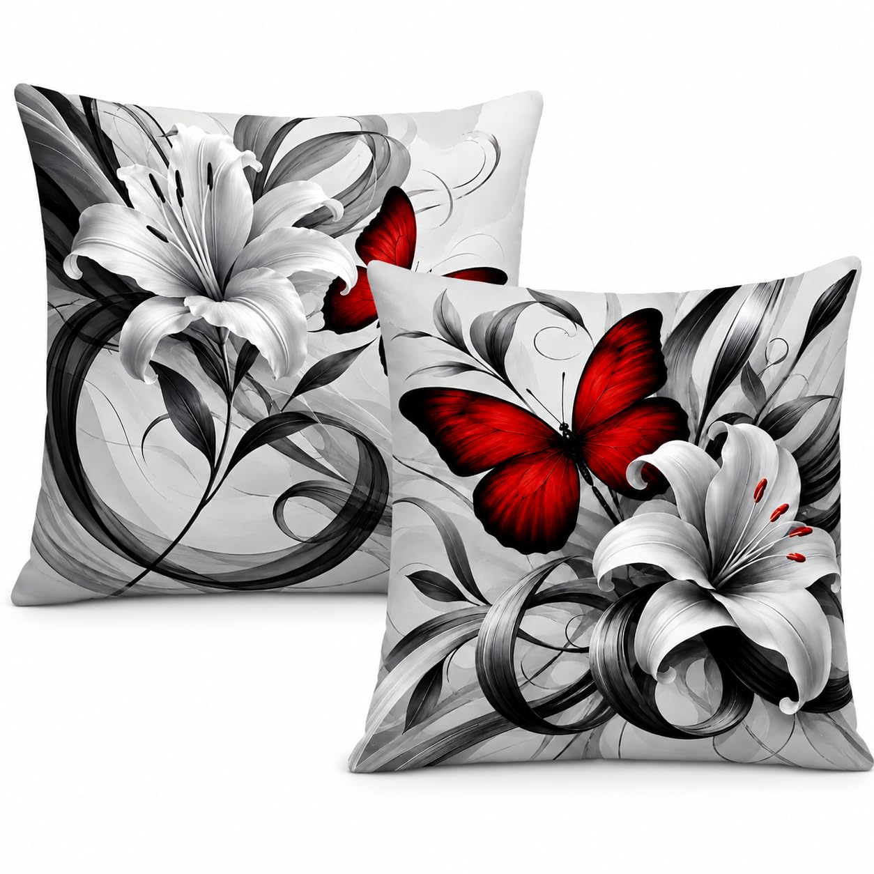 Red Butterfly Cushion Covers 45x45cm Pack of 2, Black and White Floral Decorative Throw Pillow Covers with Hidden Zipper, Square Sofa Cushion Covers for Living Room Bedroom Home Decor, 18x18 Inch