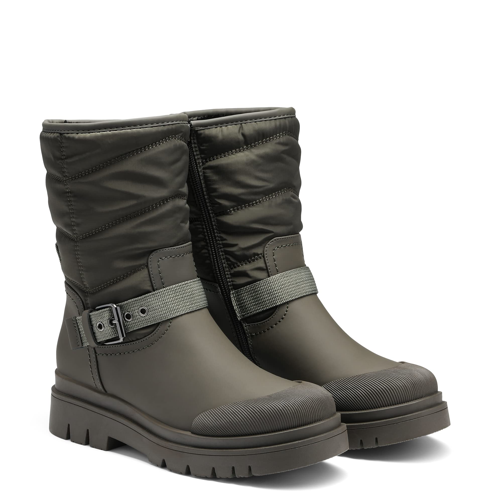 DREAM PAIRS Damen Schneestiefel | Glattes PU Dicke Sohle mit Riemchenbesatz am RistOlivgrün