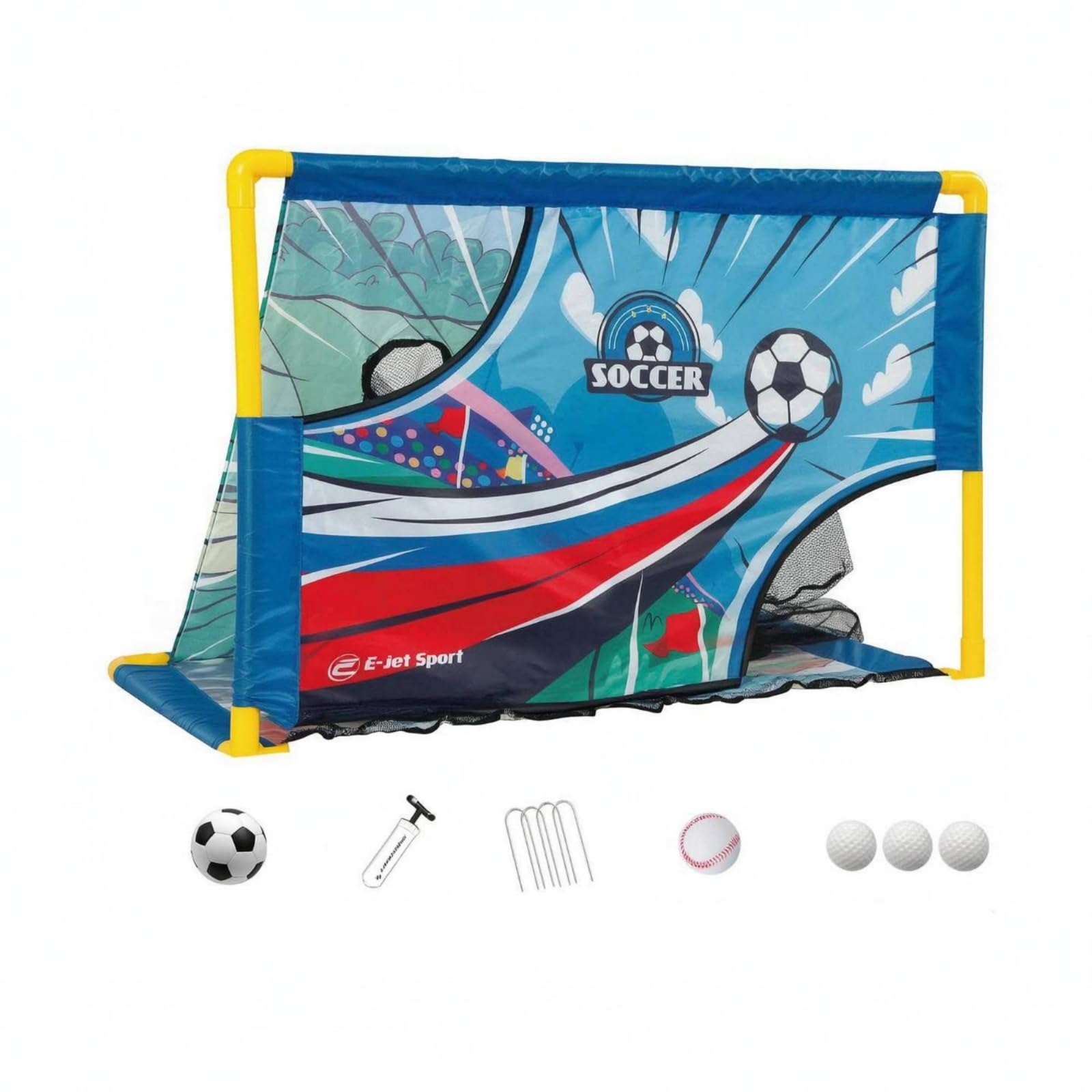 Side Netting Multi-Sport Ground Stakes Soccer Training Yellow Frame Multi Sport Practice Net Blue Printed for Children, Backyard, 3-in-1 Sports Game-image-12