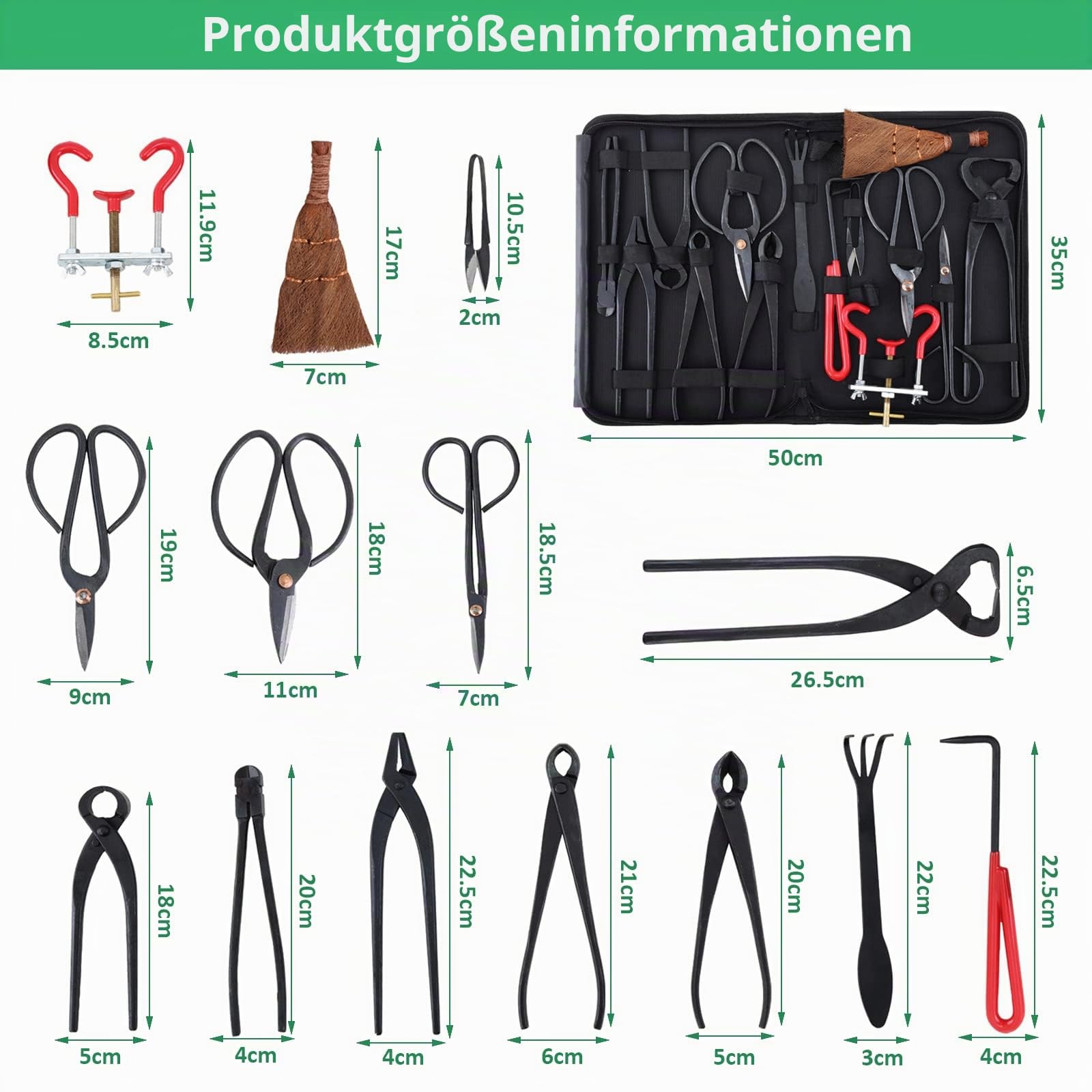 RoseFlower 14-teiliges Bonsai-Werkzeug-Set, Bonsai Werkzeug Kit Enthalten Knaufschneider, Konkavschneider, Drahtschneider, Jin-Zange, Kohlenstoffstahlschere, Modellierung Werkzeug, Gartengeschenk