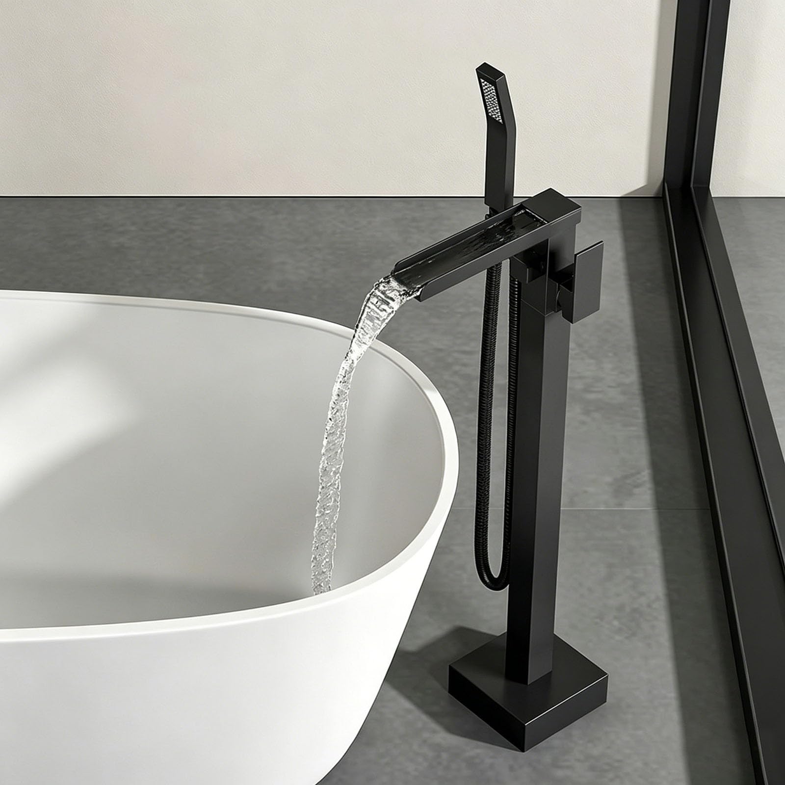 Mitigeur de baignoire sur pied cascade noir orientable avec douchette