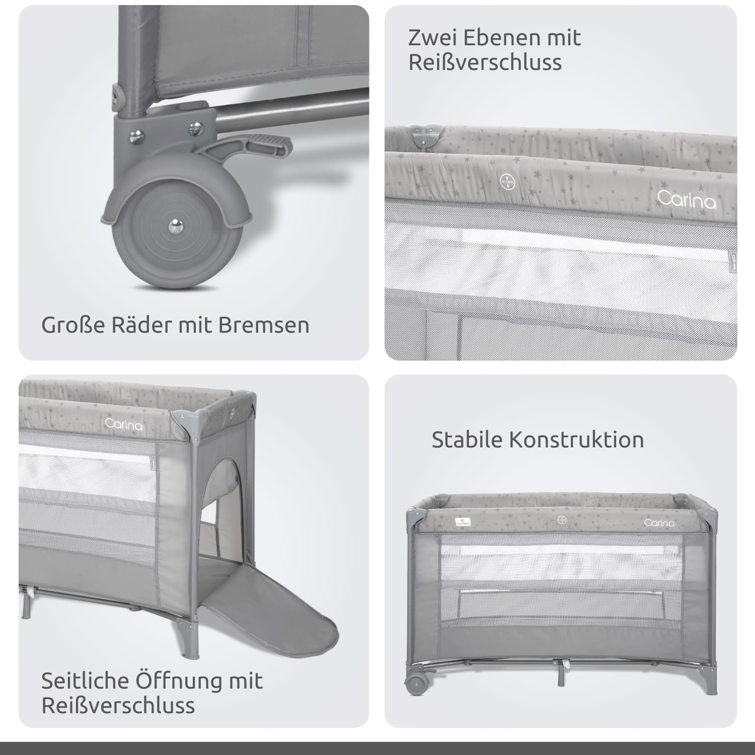 Lorelli 2 in 1 Babybett und Laufstall Carina 2 Ebenen mit Neugeborenen Einsatz und Seiteneingang, Kinderbett ab Geburt bis 15 kg, Baby Reisebett, faltbar inkl. Transporttasche, Grau