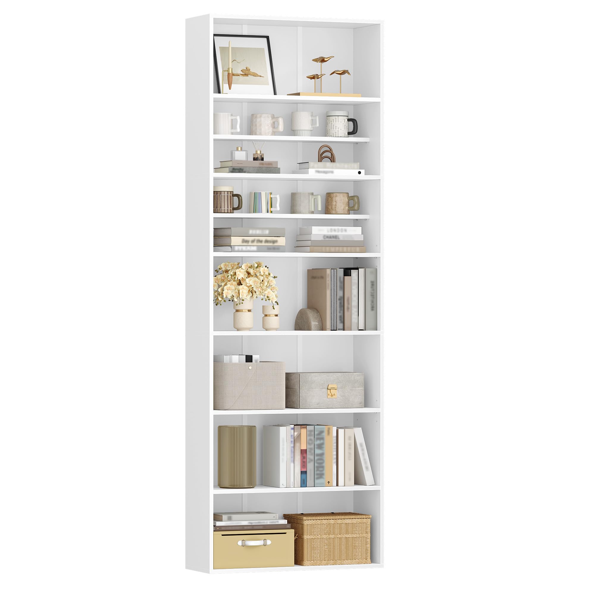 HEXCELEN Bibliothèque, Étagère de Rangement, Étagère à 7 Niveaux, Meuble de Rangement, pour Salon, Bureau, Chambre, Blanc, 24 x 60 x 205 cm