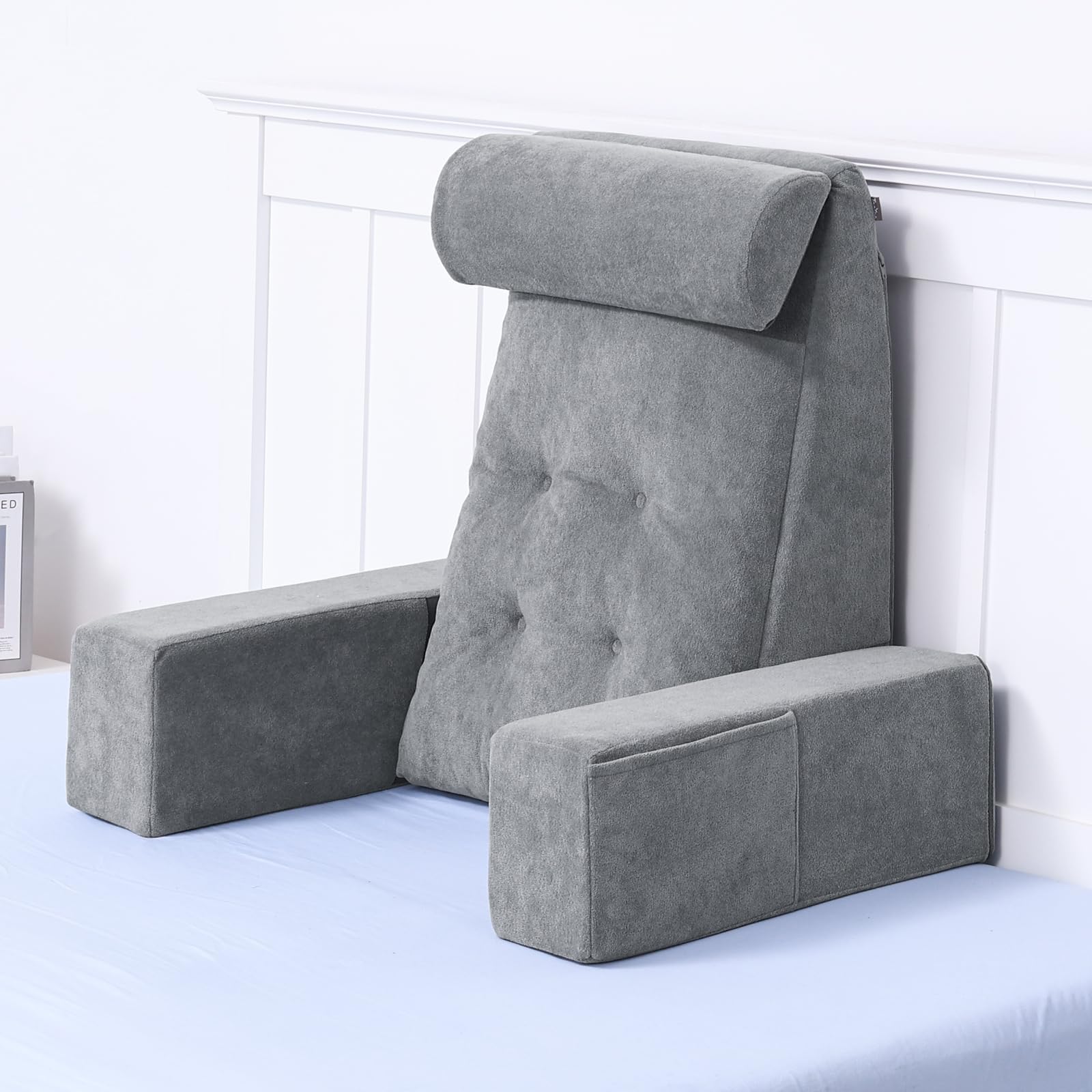 Lesekissen für das Sitzen im Bett – Rückenstützkissen für Erwachsene zum Zurücklehnen, Gamen, Ausruhen und Fernsehen auf dem Sofa oder auf dem Boden – Keilkissen mit Armlehnen, dunkelgrau