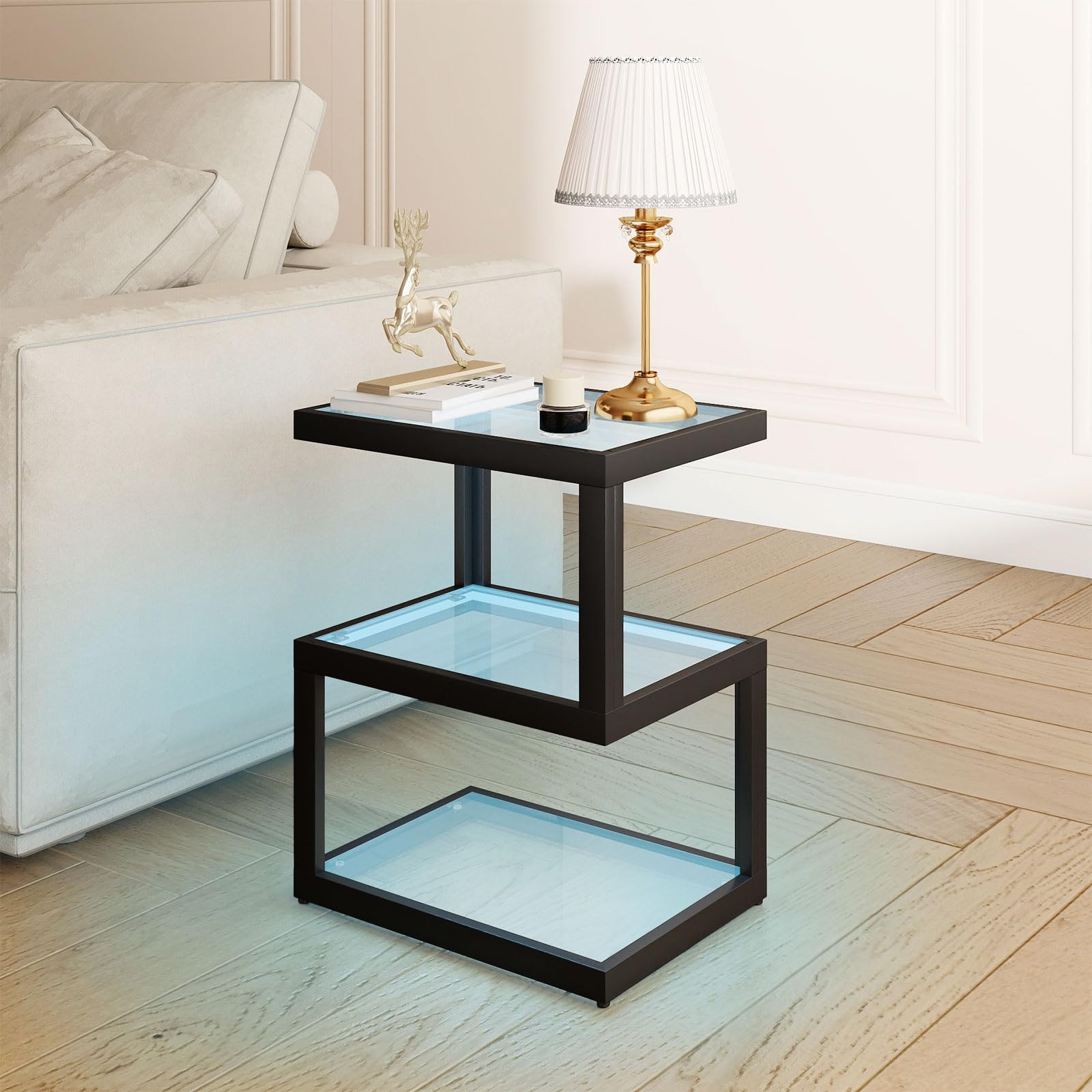Photo 1 of Permory Glass 3-Tier S-Shaped Side Table with LED Strip, Black End Table for Living Room & Bedroom (Rectangle)