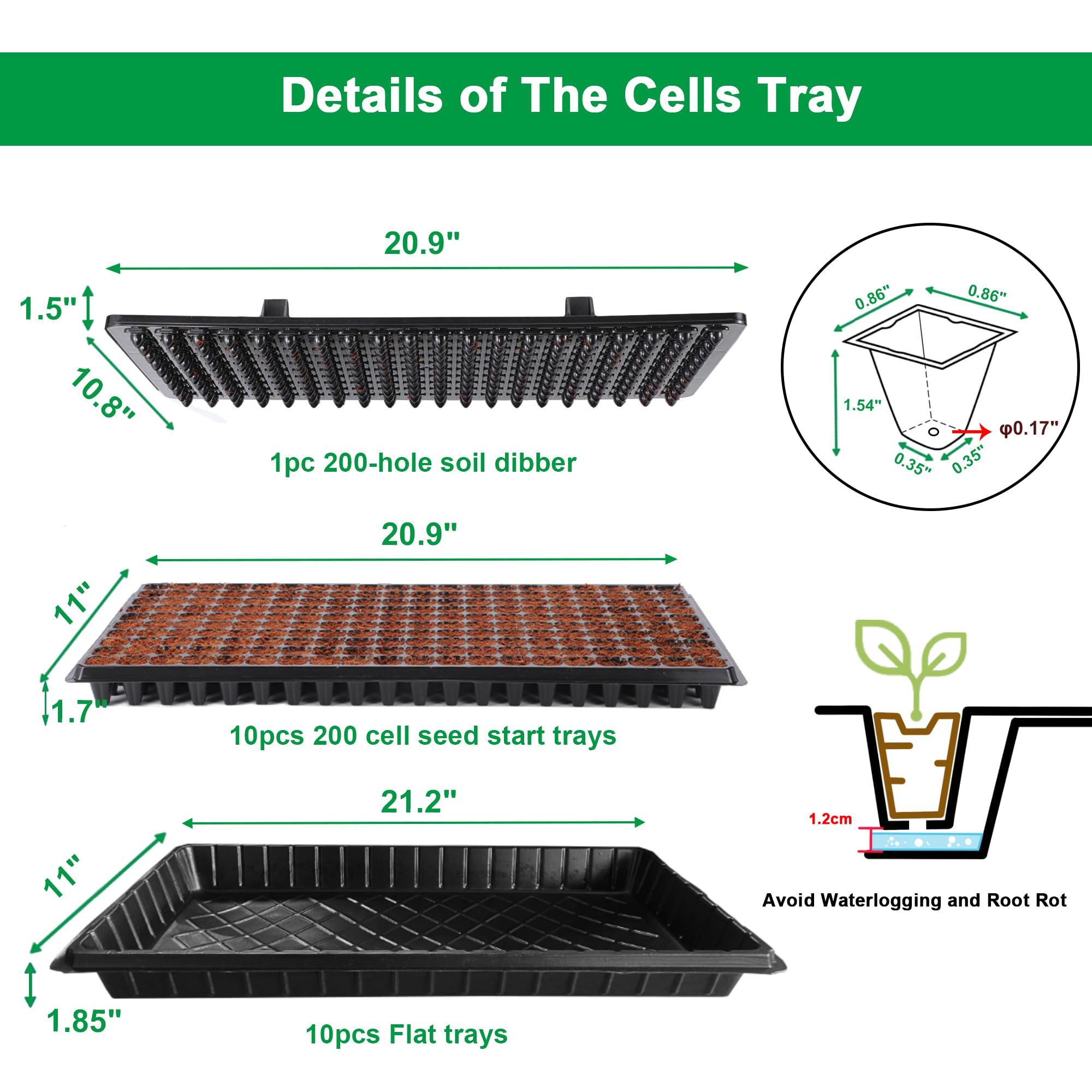 Bandejas de inicio de semillas de 200 celdas con escurridor, paquete de 20 bandejas reutilizables para propagación de germinación, excavadora de tierra de 200 agujeros para colocar