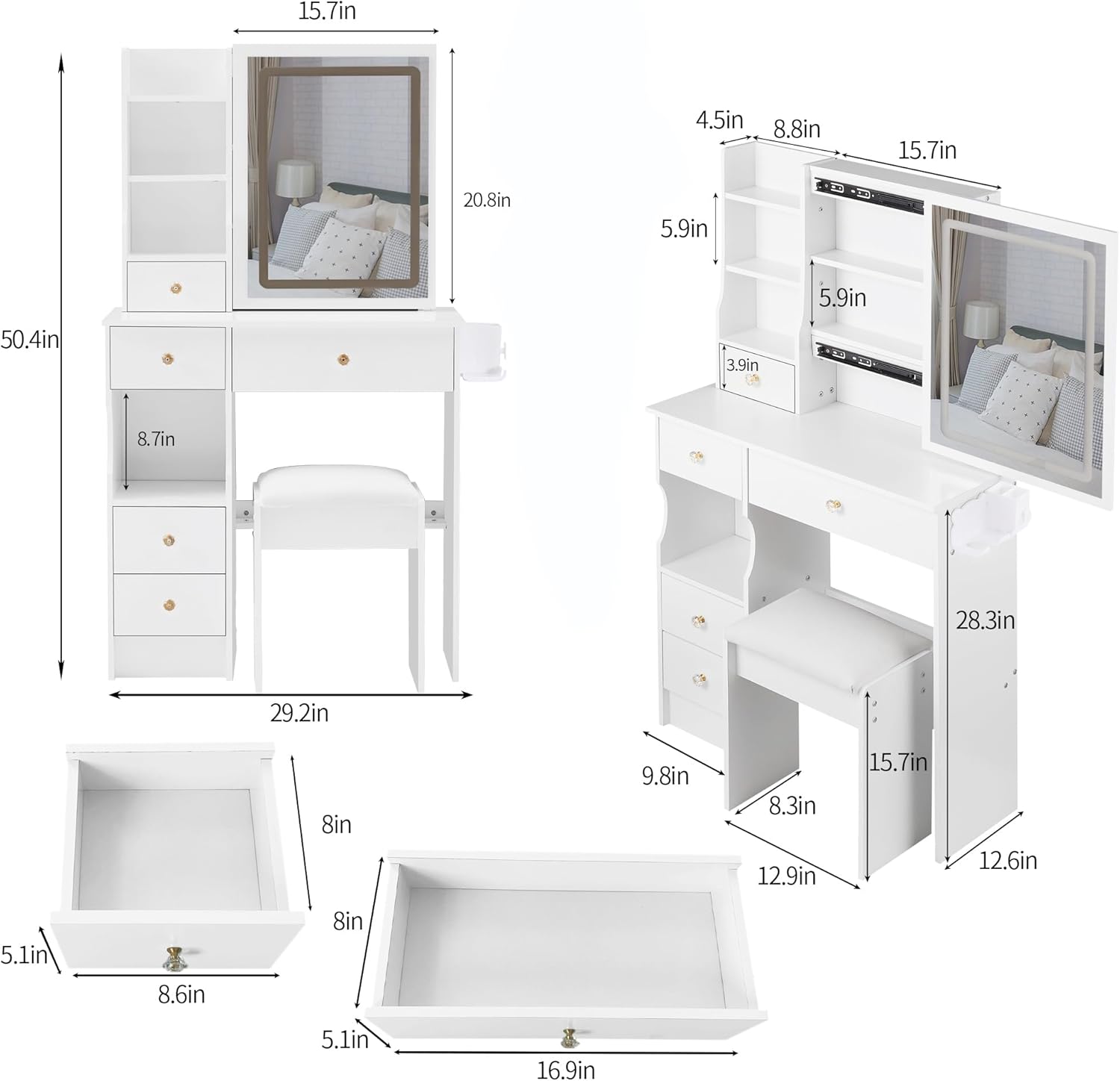 29.2" Small Vanity Desk with Mirror and Lights, Makeup Table with 2 AC+2 USB Power Station, Vanity Set with 5 Drawers and Stool for Small Space Bedroom, White