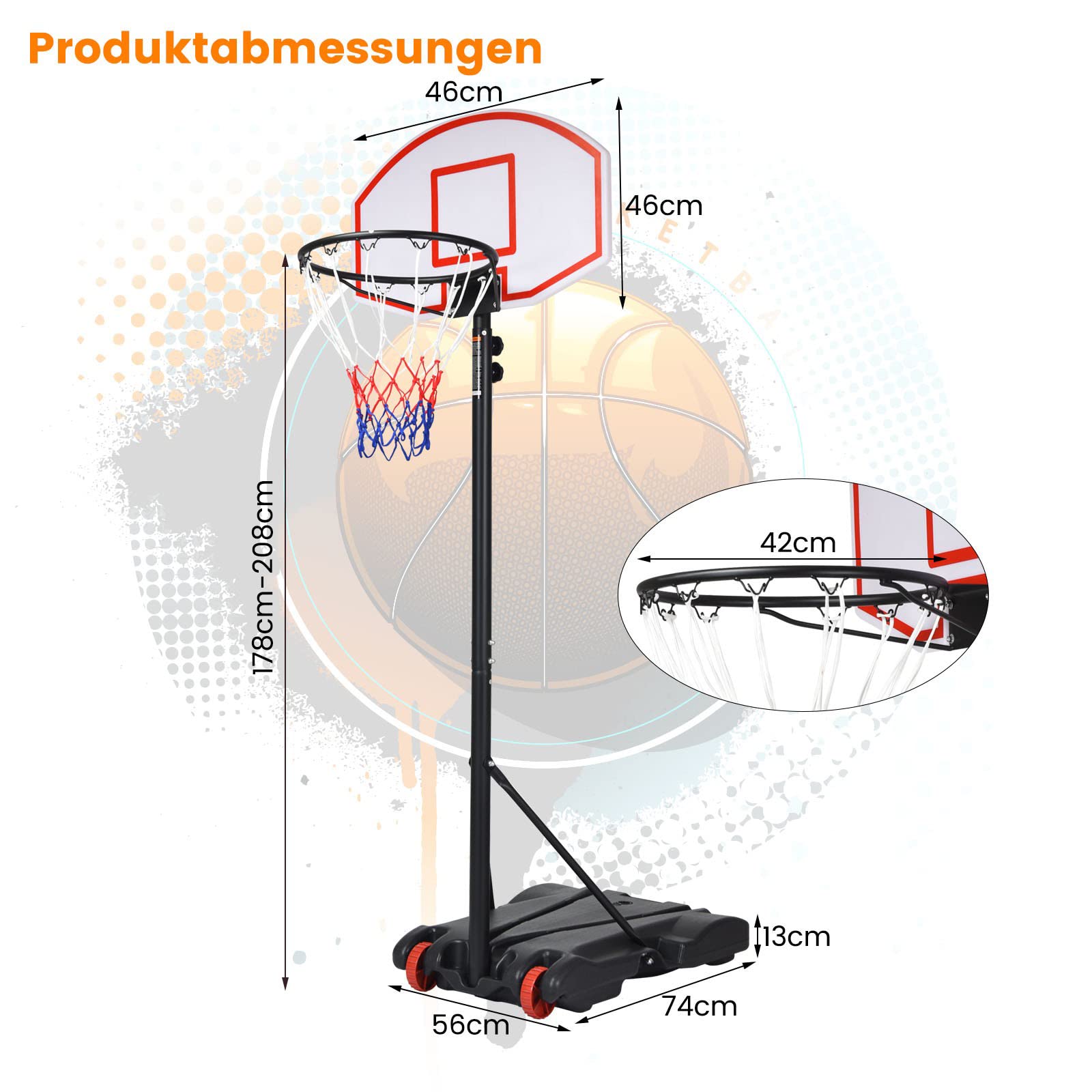 COSTWAY Outdoor Basketball Basket, Basketball Stand, 178 - 208 cm, Height Adjustable, Basket Installation with Stand and 2 Wheels, Basketball