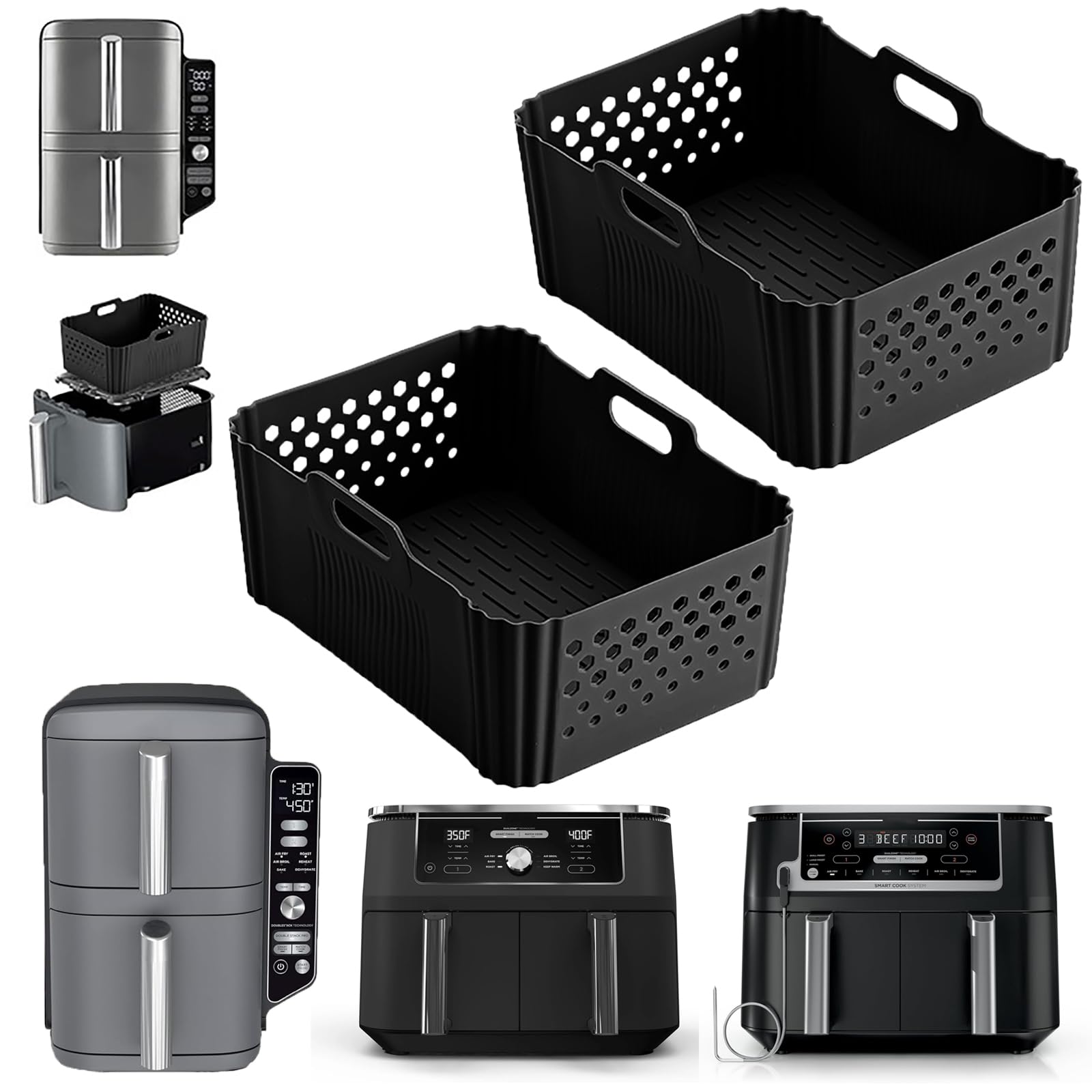 2 Pack Silicone Air Fryer Liners for Ninja 10QT DualZone DZ401 DZ550 DZ302, Reusable Rectangle Non-Stick Basket Liners, Compatible with Ninja Foodi DoubleStack SL401 SL400 &amp; Other 10 QT Air Fryers
