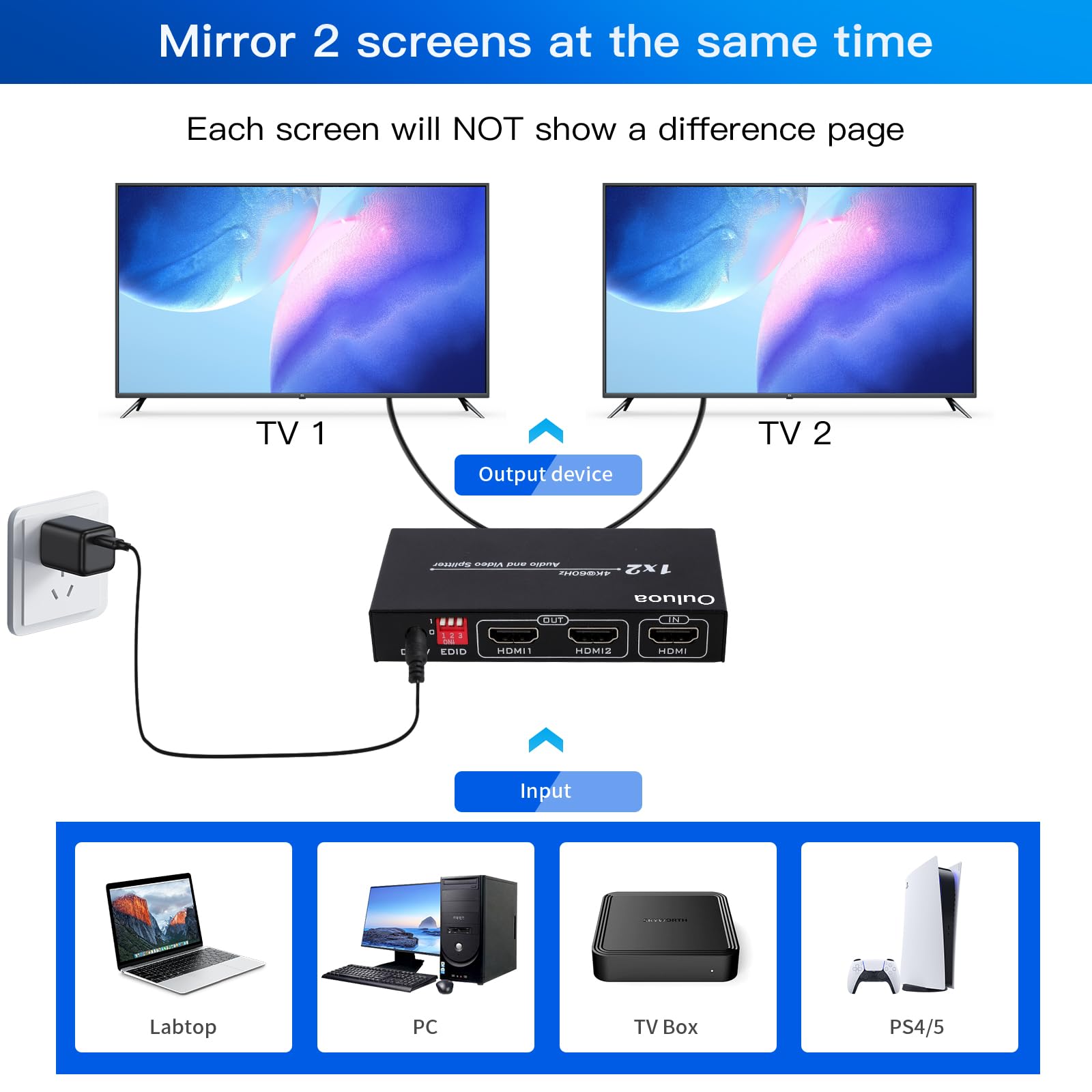 4K@60Hz HDMI Splitter 1 in 2 Out, EDID Adaptive Mirror Screen, HDMI 2.0 18Gbps HDCP 2.3, HDR/3D Support, ESD Protection, for FireStick/Roku/PS5/TV