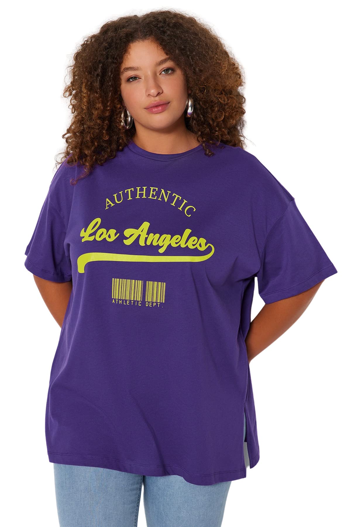 Trendyol Damen Violett Women Oversize Basic Crew Neck Knit Plus Size T-Shirt Hemd,