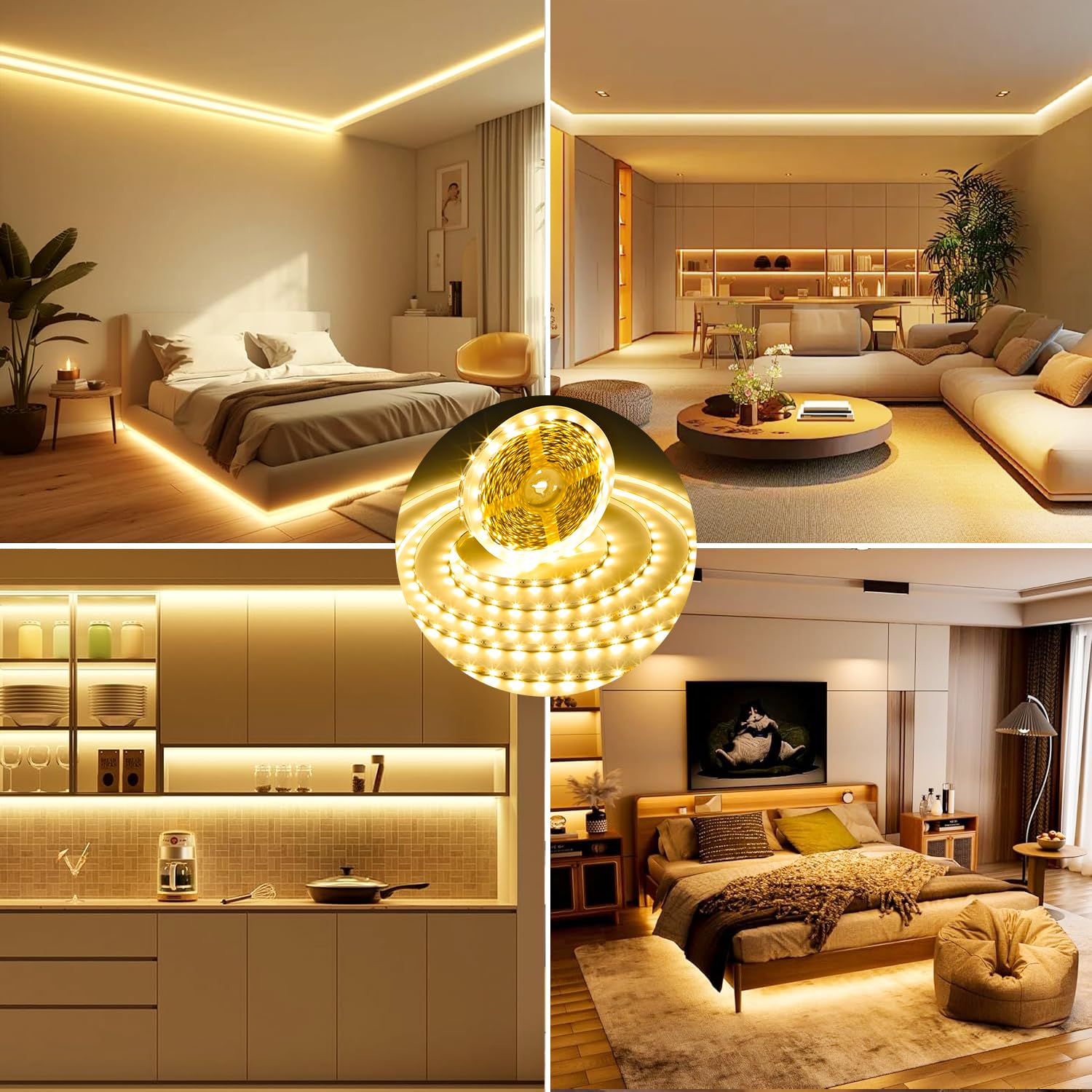 Wefomey Striscia LED 40 m, luce bianca calda, 3000 K, dimmerabile, 24 V, autoadesiva, 2835, flessibile, fai da te, 1920, con alimentatore di rete e telecomando RF per interni e cucina