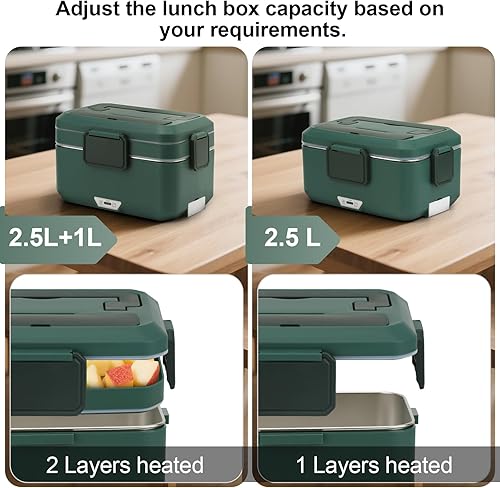 Miniatura 4 de Fiambrera eléctrica para adultos, 100 W, 3.5 L, calentador de alimentos portátil de 2 capas para hombres, modo dual de 2.5 L + 1 litro, lonchera