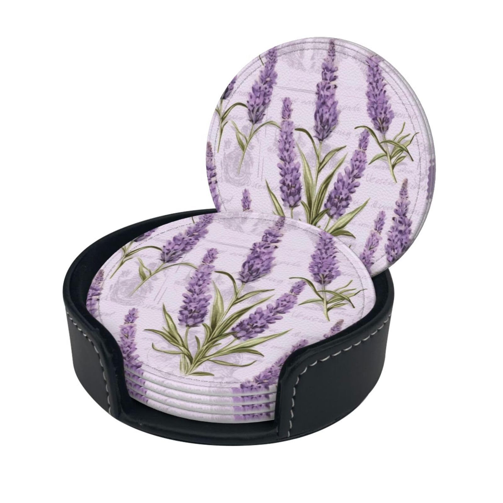 Smazdfxx Women's As Pic Stylish Coasters - Lavender Stamp Set Of 6 Round Leather Drink Coasters With Holder - Perfect Size For Cups And Glasses