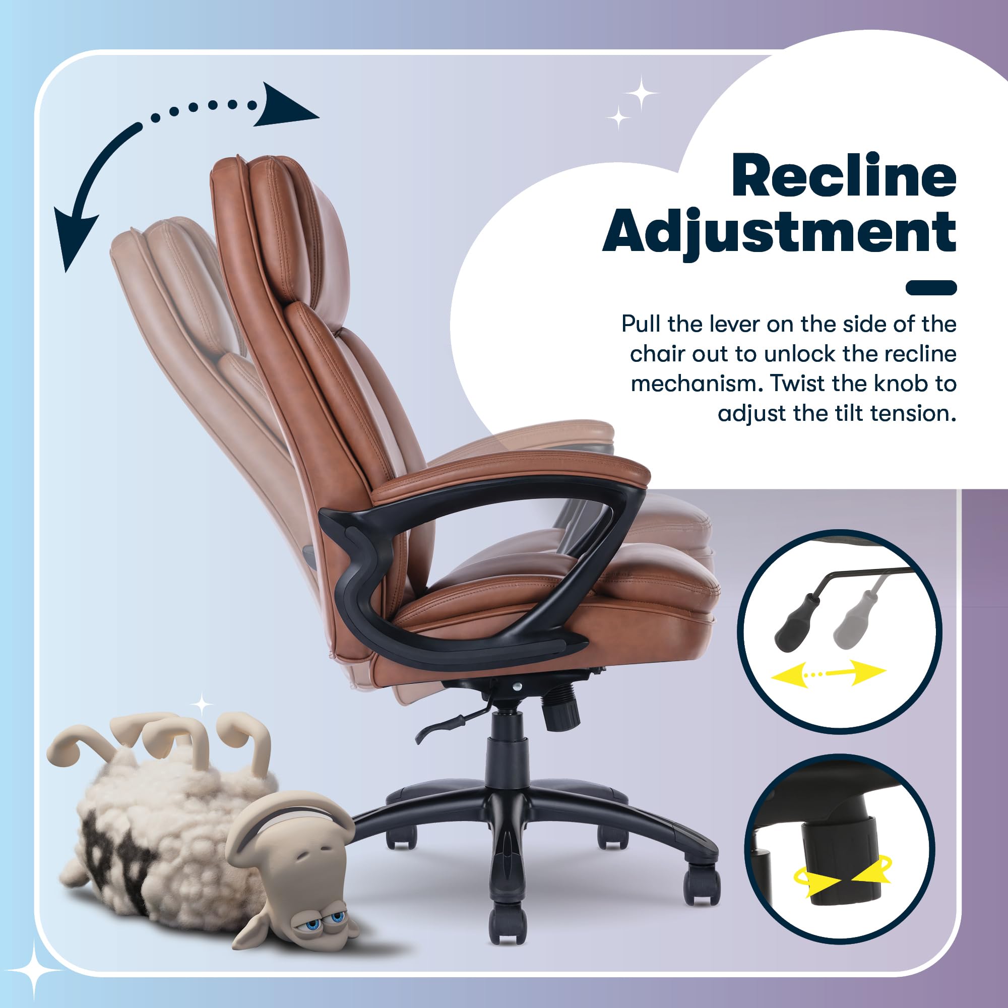 Serta Fairbanks Big & Tall Executive Office Chair, Ergonomic Comfy High-Back ComputerChairs with Lumbar Support, Semi-Plush Seat Cushion, Padded Armrests, Nylon Swivel Base, Bonded Leather, Cognac