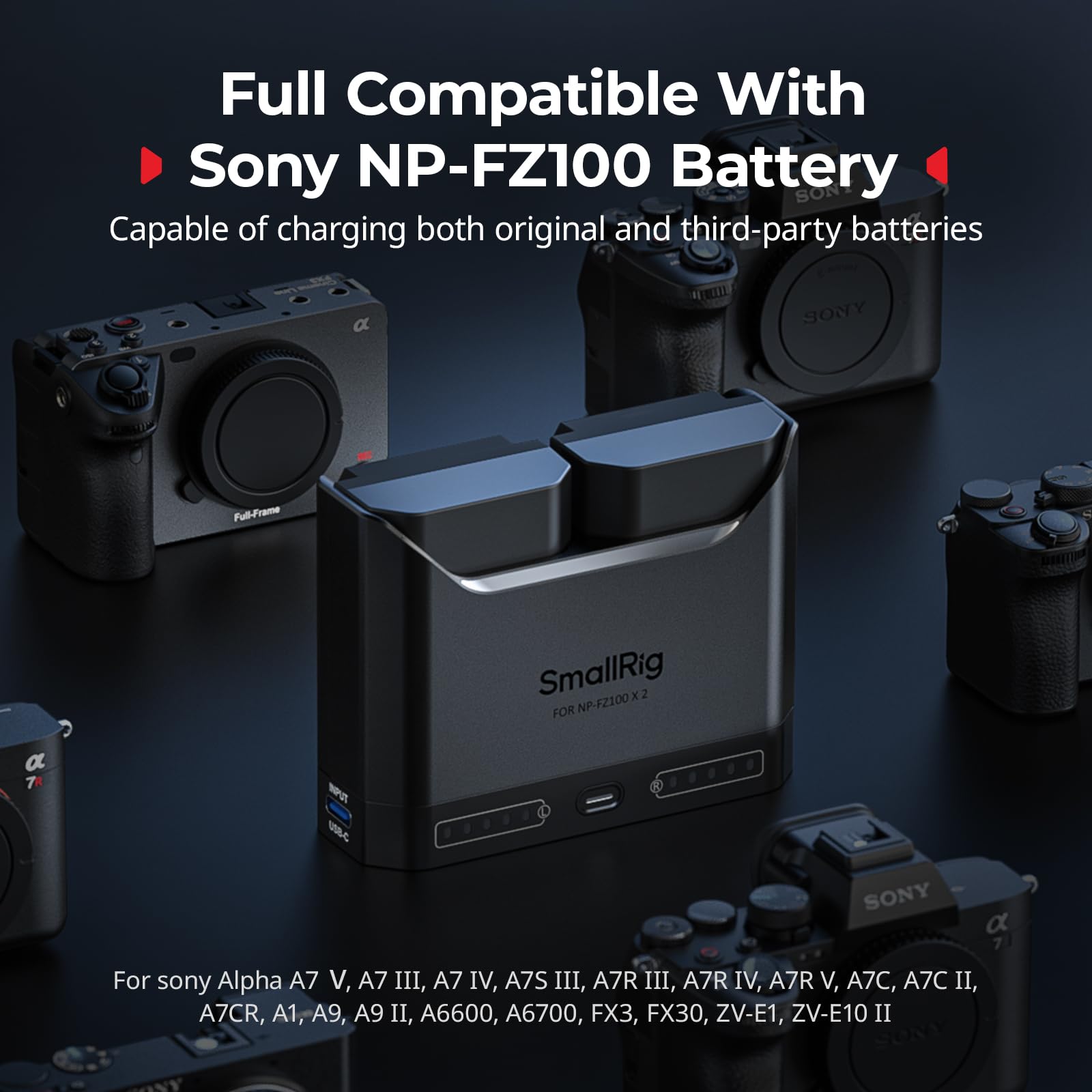 SMALLRIG NP-FZ100 Kamera-Akku Set für Sony, 22,5W-Doppel-Ladegerät mit 1940mAh-Akkus, Vollständig für Sony Alpha A7III, A7IV, A6700, FX3, FX30, A9, A7C, A7CII, A7RIII, ZV-E1 und ZV-E10II - 5483