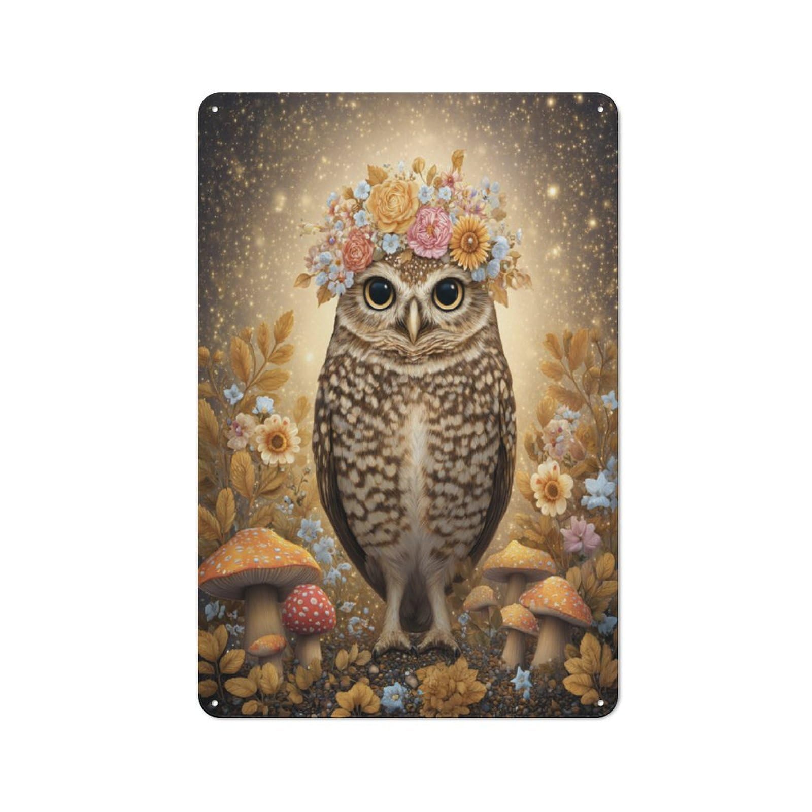 Junmoney Enchanted Forest Owl With Floral Crown Tin Wall Plaque 30X20cm With For Garage Or Workshop, For Living Room, Hallway And Entrance Wall Decor