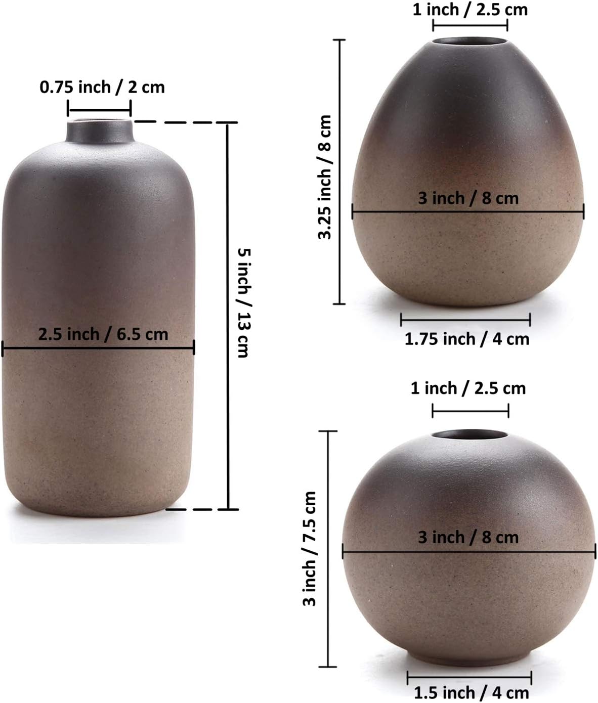 ComSaf Small Ceramic Flower Bud Vases Set of 3, Modern Style Simple Design Metallic Gradually Varied Brown Color Elegant Home Office Living Room Table Desk Decoration for Wedding Home Visit