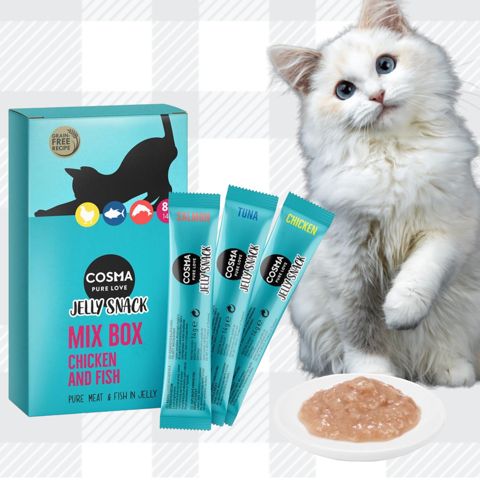AETN Creations Jelly Snacks Bundle Pack for Cats - 16 x 14g Chicken & Fish Flavours - Includes 1 of 6 Exclusive Cat Quote Coasters - Image 4