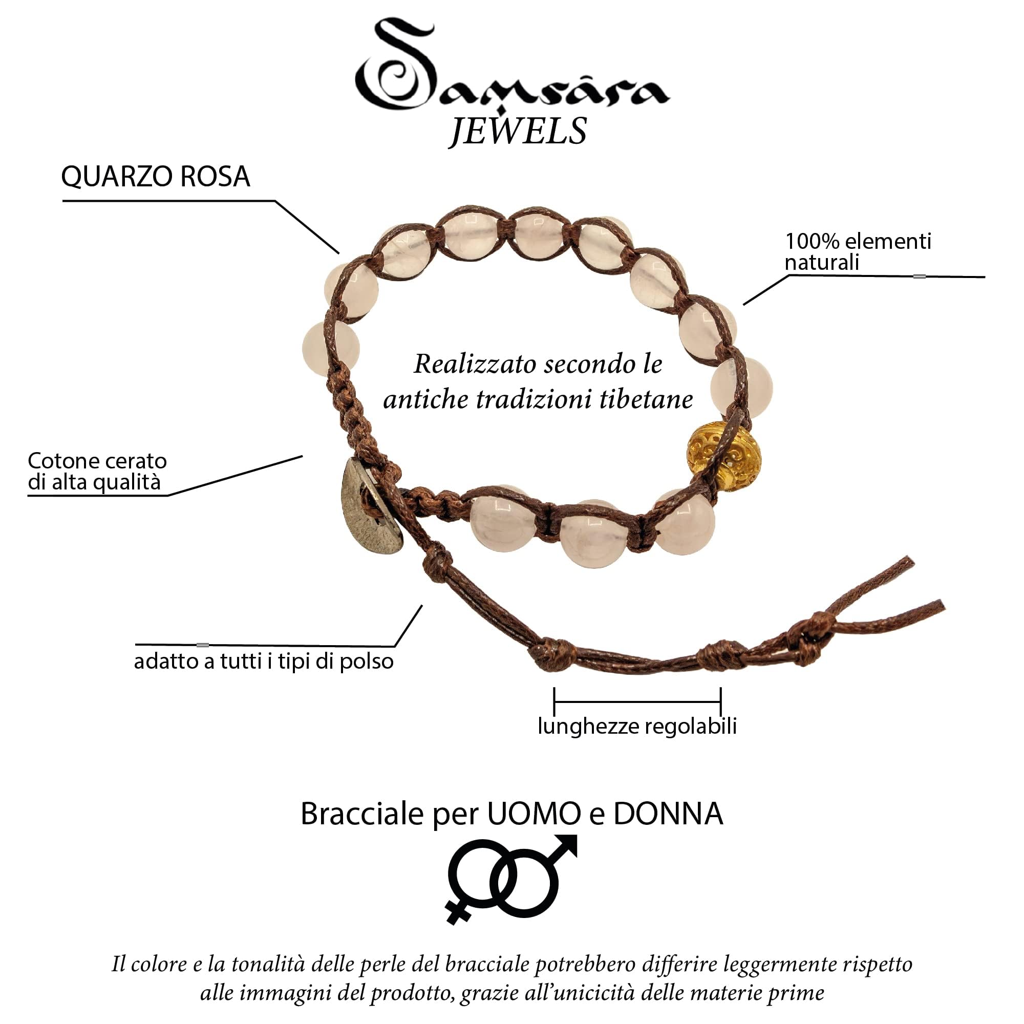 Samsara Bracciale Tibetano Buddista con pietra portafortuna - Filo in cotone cerato in vari colori