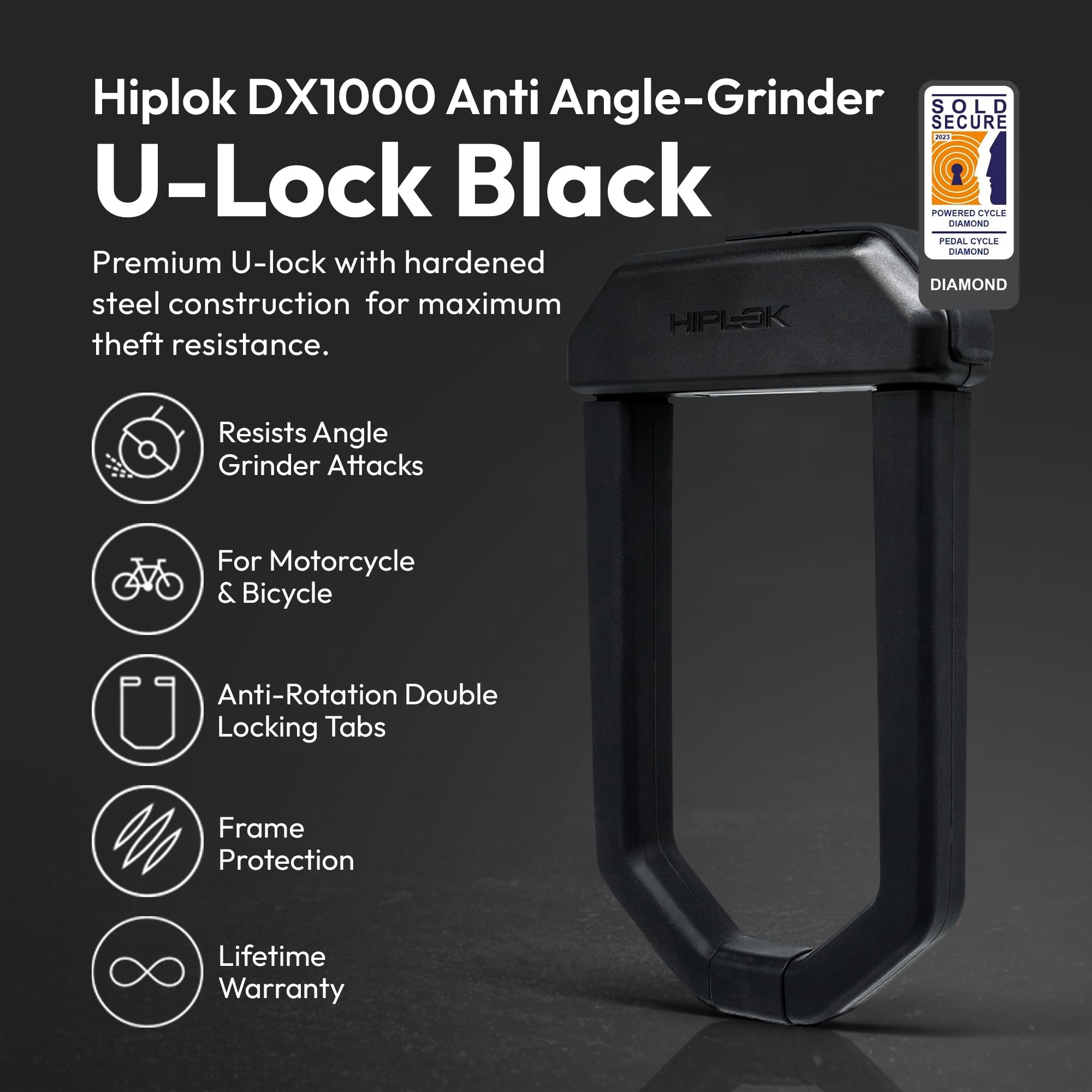 Hiplok D1000, Lucchetto ad arco, Unisex, ALL BLACK, Chiusura: 15,5 cm x 9,2 cm