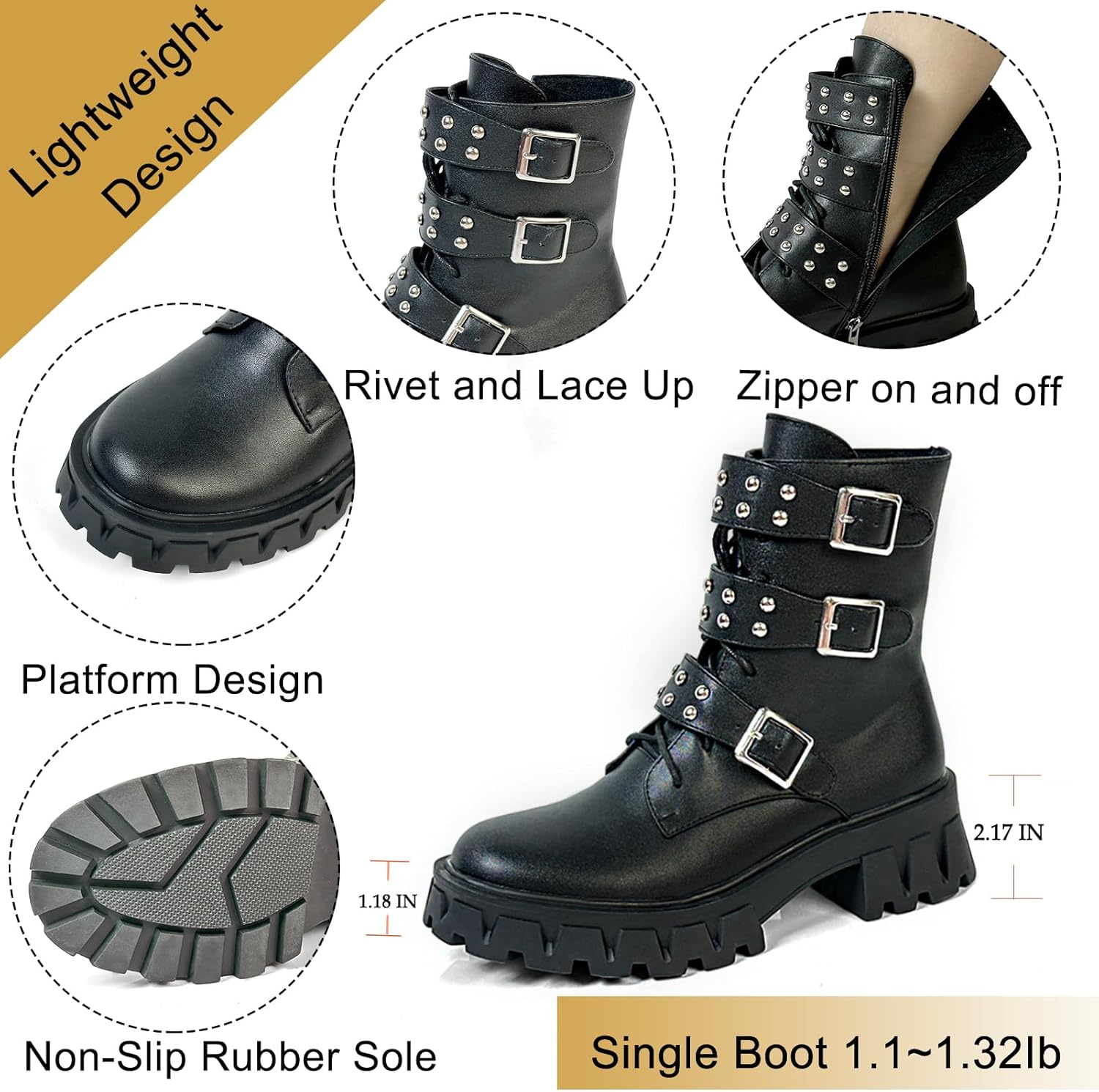 MEOTINA Platform Goth Boots for Women Chunky Heel Lace Up Ankle Boots Black Combat Boot Rave Booties with Zipper Buckle Gothic Shoes - Image 5