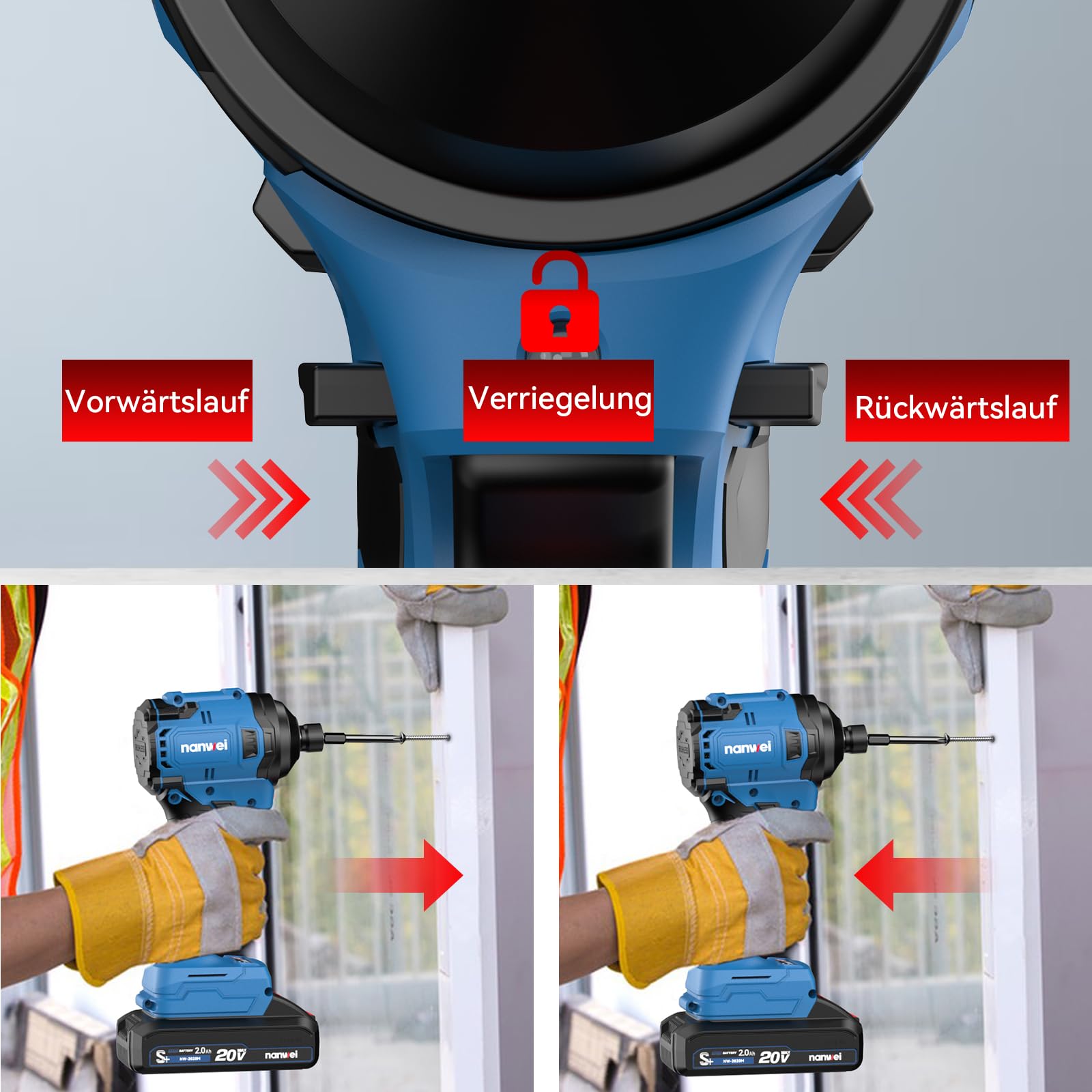 NANWEI Atornillador de impacto con batería de 1/4 pulgadas, 240 Nm, rotación inversa con modo de parada automática, 4 marchas, atornillador de impacto sin escobillas, destornillador de impacto sin