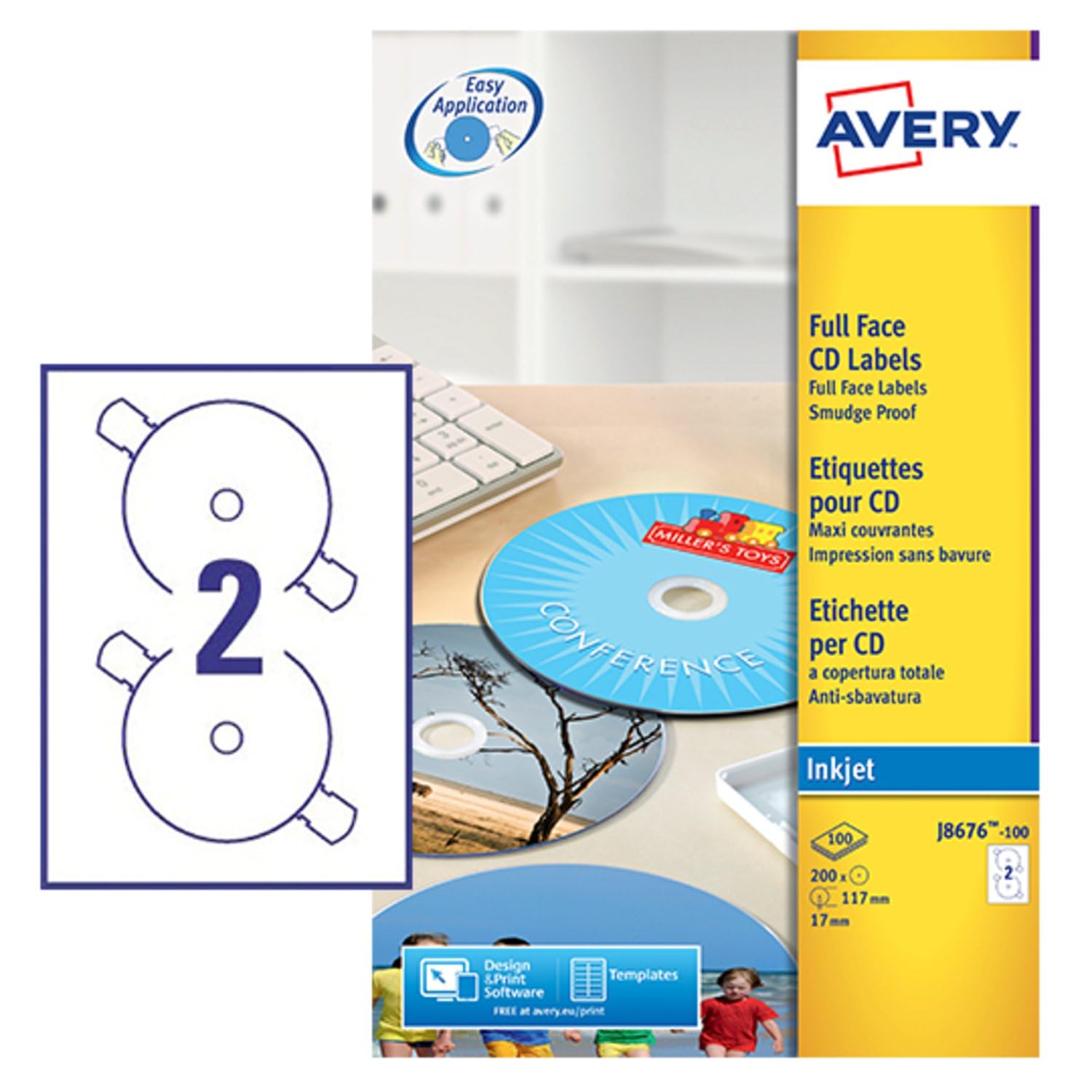 Avery Self-Adhesive Full Face CD Labels, 2 Stickers Per A4 Sheet, White J8676-100