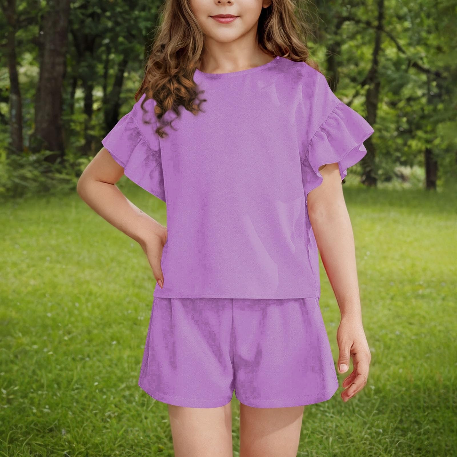 Conjunto de ropa de verano para niña, camiseta de manga con flecos y pantalones cortos elásticos, informal, ligero, conjunto de ropa de 2 piezas