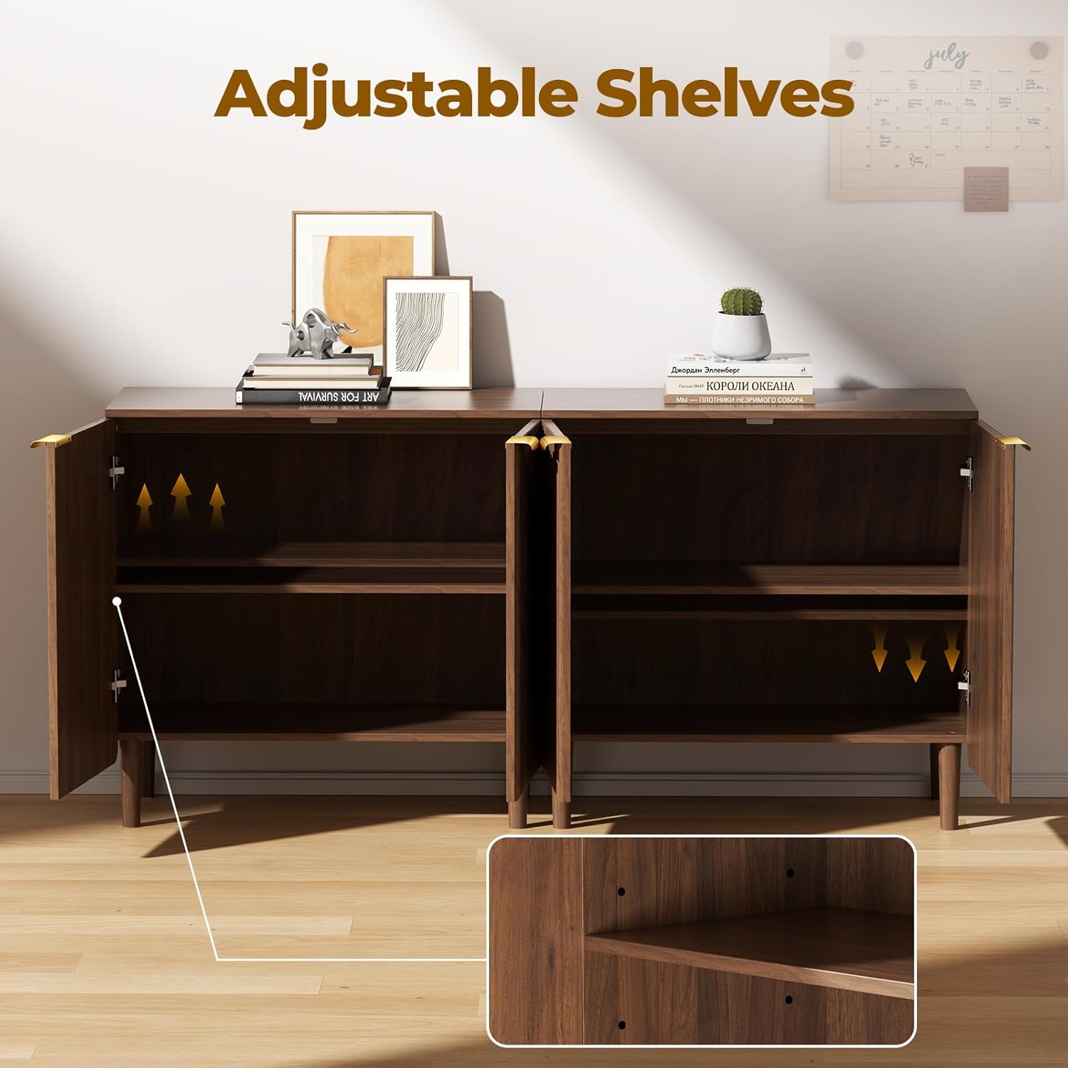 Sideboard Buffet Storage Cabinet - Wood Cabinets with Adjustable Shelves Fluted Doors, Anti-Tip Console Table for Kitchen Dining Living Room or Entryway Hallway, Easy Assembly, Walnut