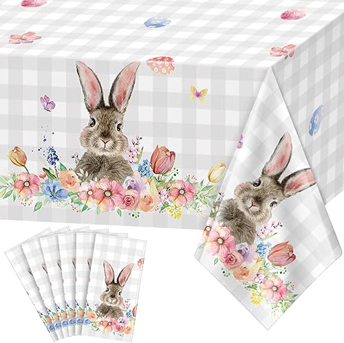 6 piezas de decoración de mantel a cuadros con diseño de conejo de Pascua de primavera, diseño floral de huevo de conejo de plástico, para