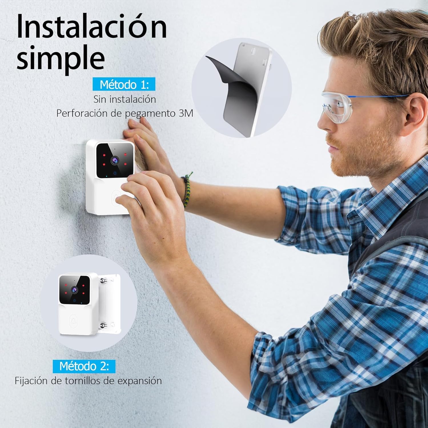 Timbre Videoportero Inalámbrico,Cámara HD1080P Visión Nocturna,Impermeable IP66,Intercomunicación Bidireccional WiFi,Instalación Sin Taladrar Inalámbrica,Control por App para Hogar/Piso/Garaje
