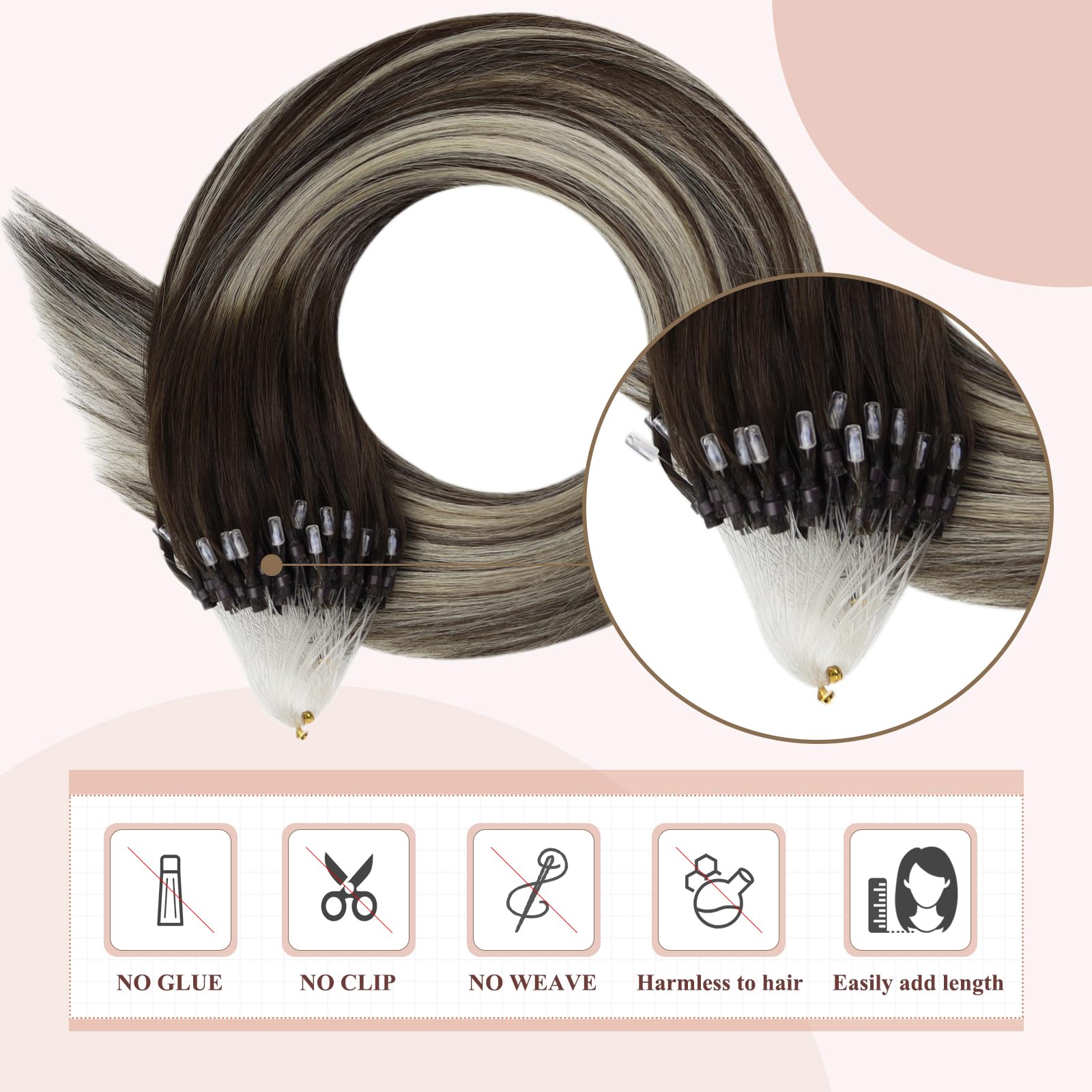 Fshine Human Hair Extensions Micro Links 20 Inch 50g Remy Hair Invisible Micro Ring Extensions Brunette Brown to Platinum Blonde and Darkest Brown Balayage Extensions Straight Hair for Women 1g/s - Image 4