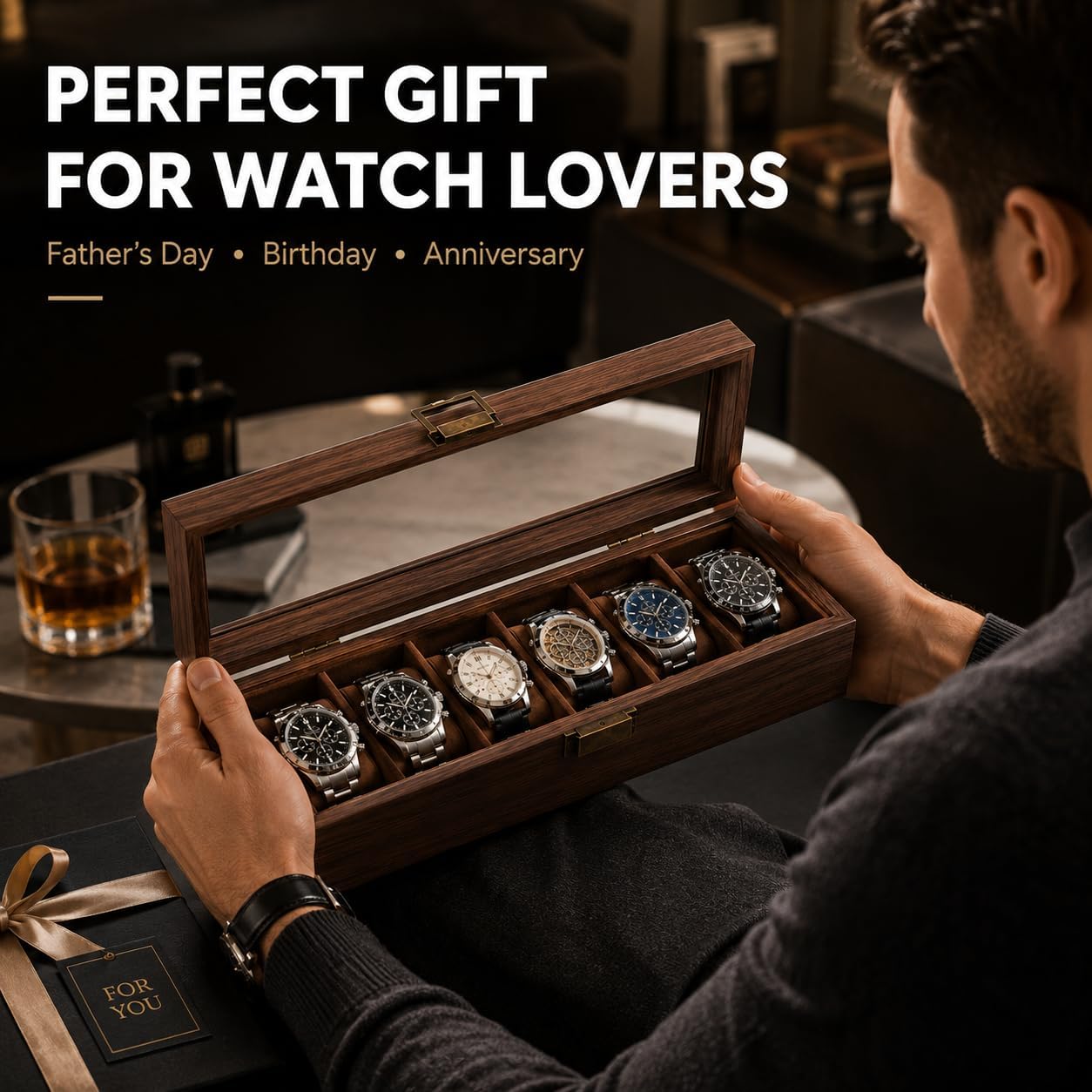 6-Slot Watch Box Organizer, Black Walnut Wood, Clear Glass Lid, Soft Velvet Lining, 12x31x8 cm, Watch and Jewelry Storage Case