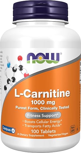 NOW Supplements, L-Carnitine 1,000 mg, Purest Form, Amino Acid, Fitness Support*, 100 Tablets