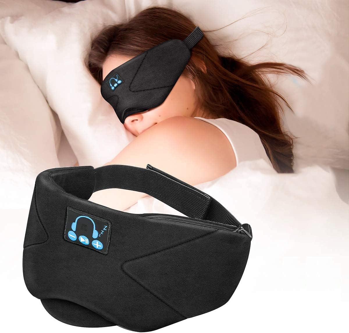 Laelr Bluetooth Sleep Eye Mask with Headphones, Washable Music Sleep Eye Shades 5.0 Wireless Bluetooth Headband Sport Headsets with Built-in Speakers Microphone for Travel Siesta Yoga