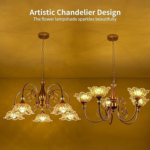 Miniatura 4 de 5-Light Vintage Chandeliers in Matte Brass Finish with Amber Glass Shades, Retro Chandelier Light for Dining Room,Hallway,Kitchen