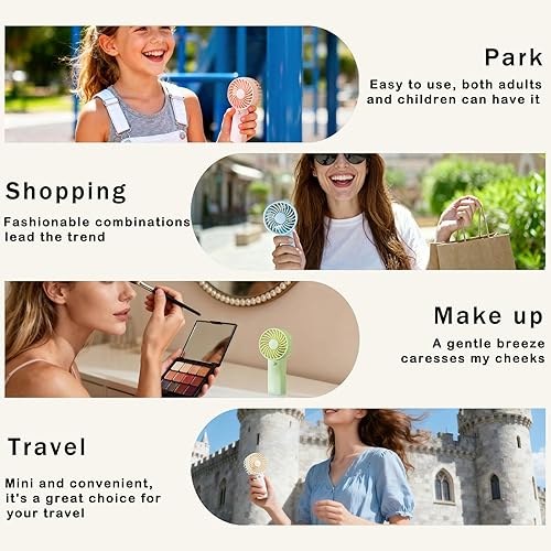 Miniatura 4 de Paquete de 4 mini ventilador portátil, funciona con pilas AAA de 5 pulgadas, ligero ventilador de mano pequeño con 1 velocidad, diseño de cordón,