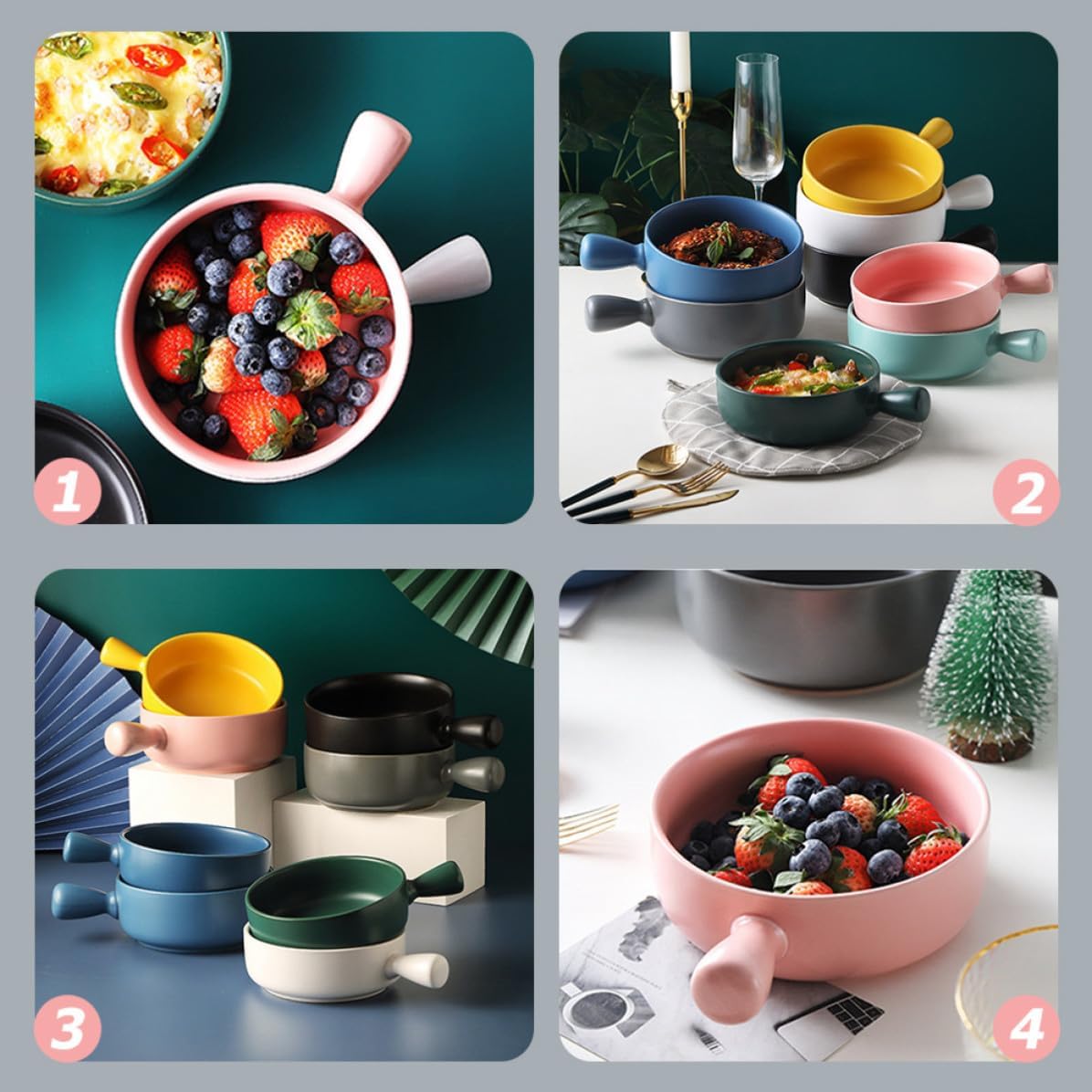 ARTIBETTER Ceramic Soup Bowl 600ml round Bakeware with Handle for Daily Use