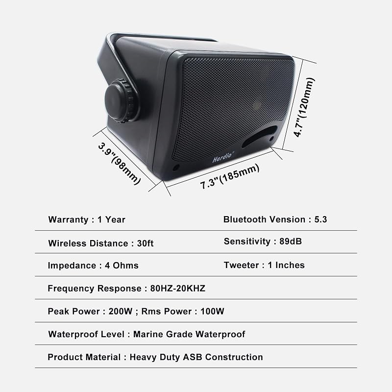 Herdio 3,5" Bluetooth Kültéri Hangszórópár - 200W Vízálló 3-Utas Hangrendszer Falra Szerelhető, 30m Hatótáv, AUX Bemenet, Teraszra, Kertbe,