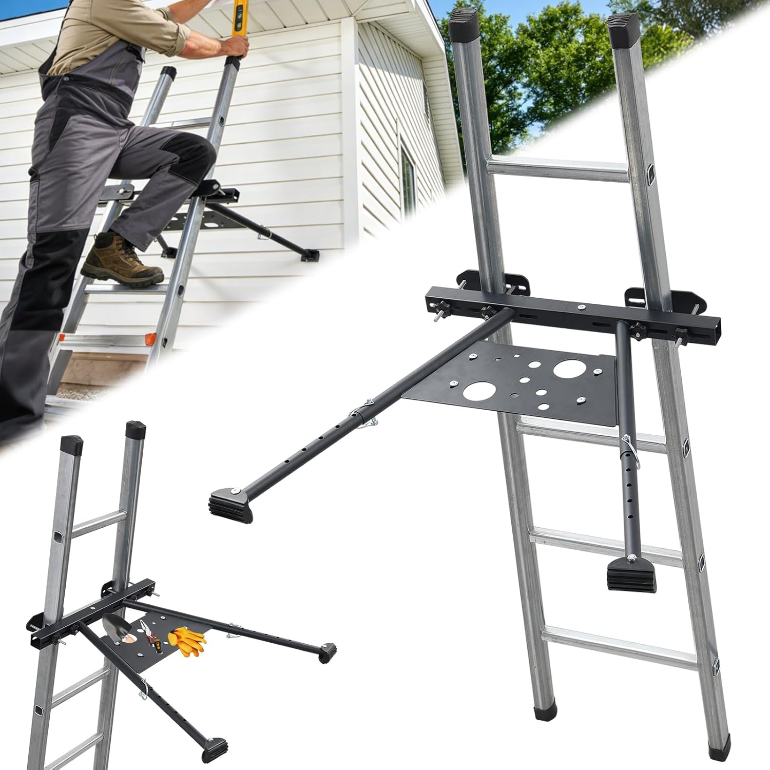 Ladder Stabilizer, Roof Ladder Stabilizer with Adjustable Legs 20.4-29.5" Built-in Tool Tray and Non-Slip Rubber Feet Suitable for Roof Gutters Roof Repairs Window Cleaning Snow Removal