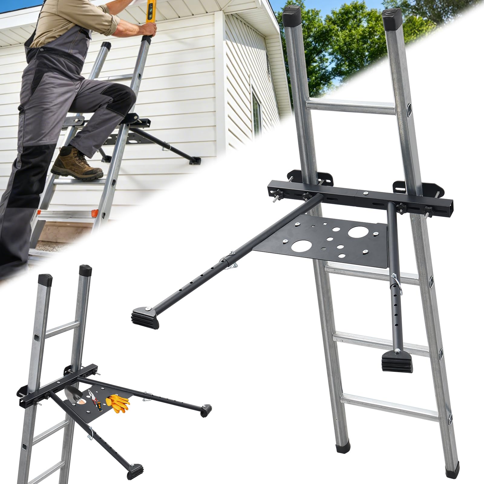 Leiterstabilisator, Dachleiterstabilisator mit verstellbaren Beinen, 51,8–74,9 cm, integrierte Werkzeugablage und rutschfeste Gummifüße, geeignet für Dachrinnen, Dachreparaturen, Fensterreinigung
