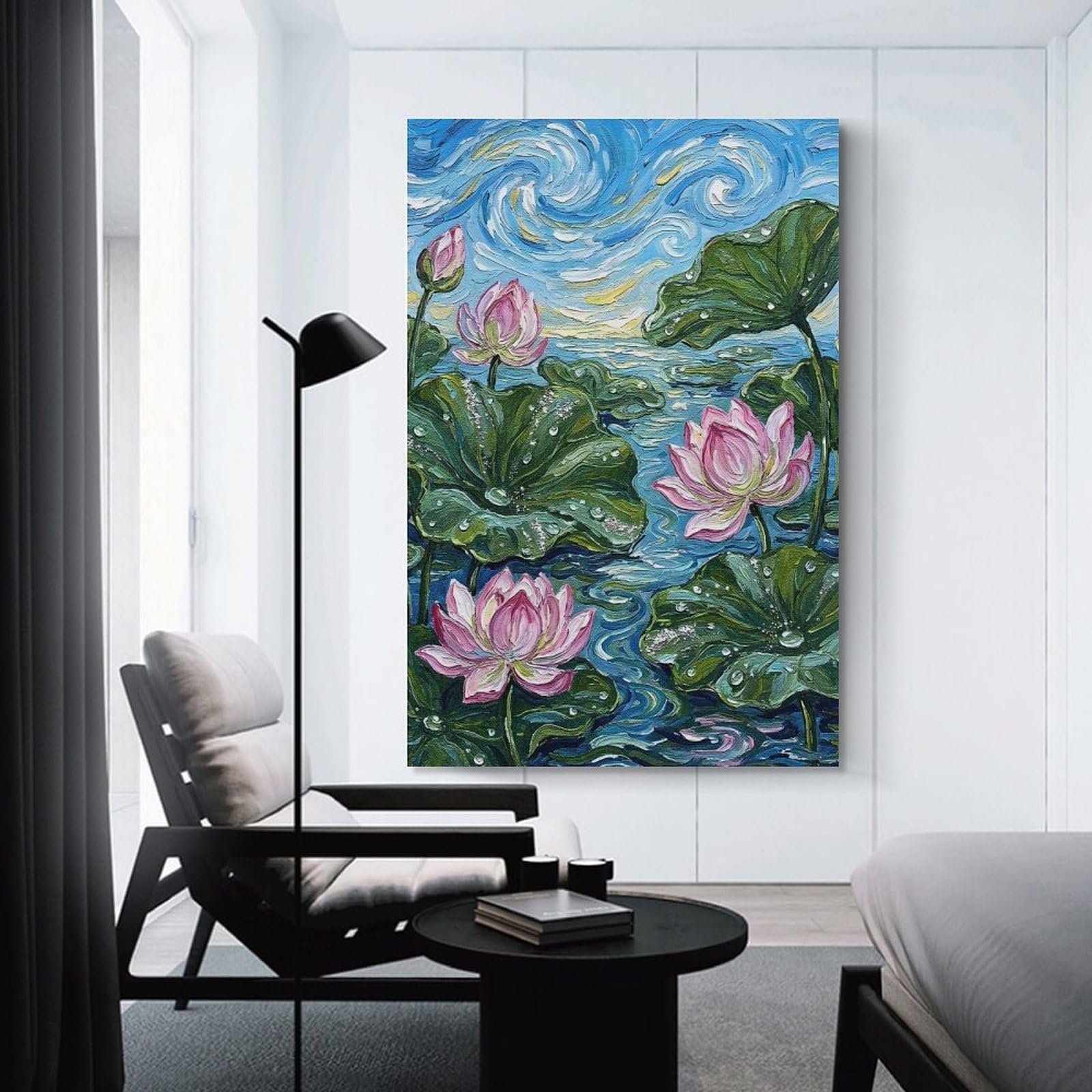 Junmoney Impressionist Lotus Pond Painting Wall Decor Canvas Print, 20x30inch(50x75cm), for Bedroom, Lounge Or Dressing Area, Decorative Wall Art for Cosy Rooms
