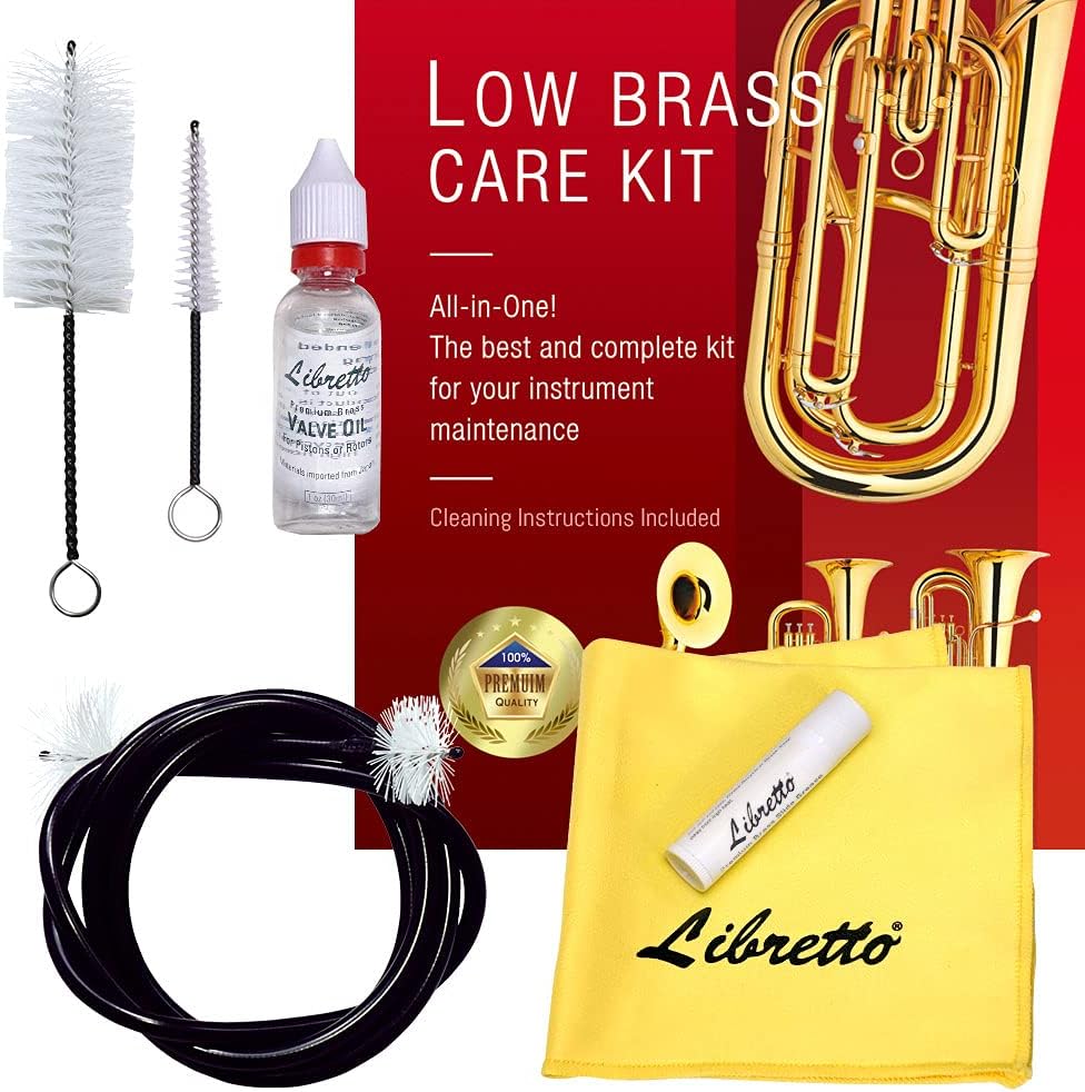 Libretto Low Brass ALL-INCLUSIVE Cleaning Kit with Instructions: Valve Oil + Slide Grease + Cleaning Cloth + Mouthpiece/Valve/Bore Brushes. A Great Gift for Tuba, Euphonium, Baritone, Sousaphone &More